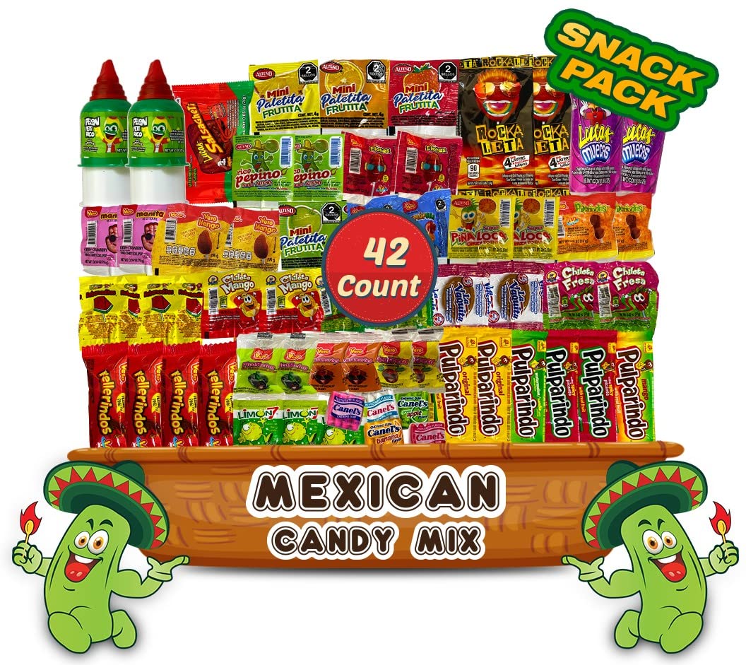 Mexican Candy Assortment Snacks Pack - Variety of Spicy, Sweet, and Sour Candies, Includes Lucas Candy, Pelon Pelo Rico, Pulparindo, Rellerindo, by LookOn (42 Count)