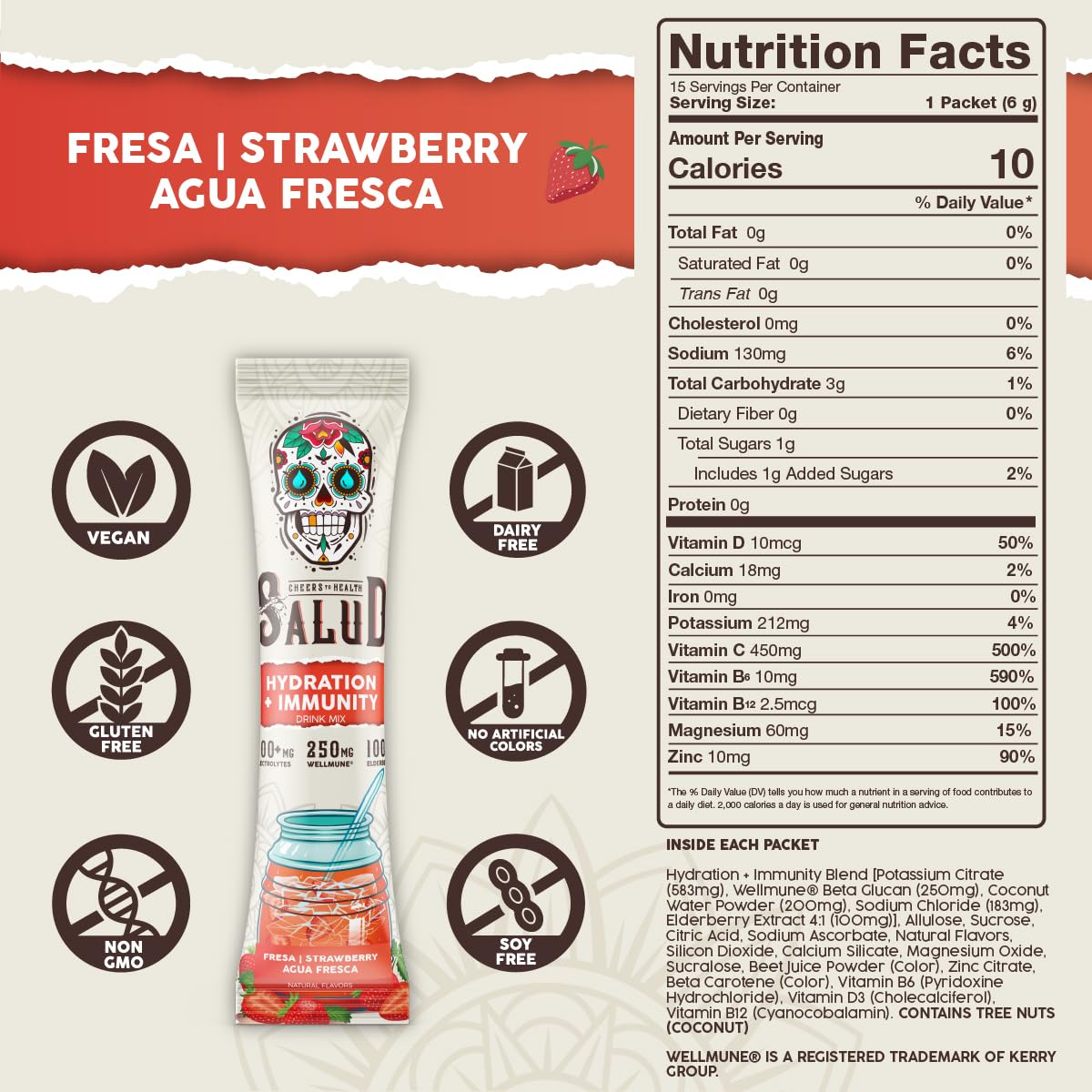 Salud x Jarritos 2-in-1 Hydration Packets + Immunity Electrolytes Powder, Guava - Agua Fresca Drink Mix, Elderberry, Dairy & Soy Free, Non-GMO, Gluten Free, Vegan, 1g Sugar (15 Servings)