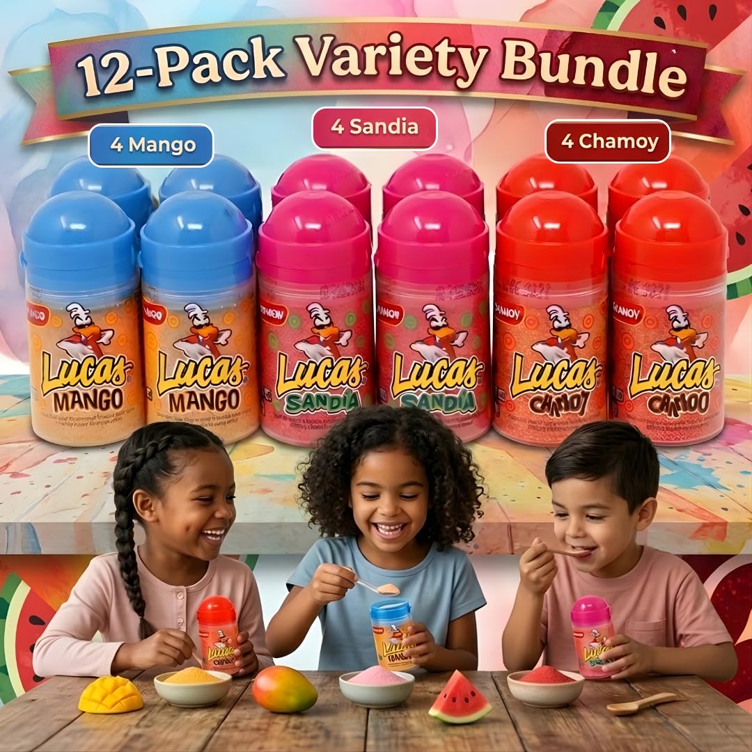 Lucas Chili Candy Powder Assortment – Mango Sandia Watermelon and Chamoy Style – Sweet Tangy Spicy Mexican Snack – Perfect for Gifts and Parties – 12 Pack Small Bottles
