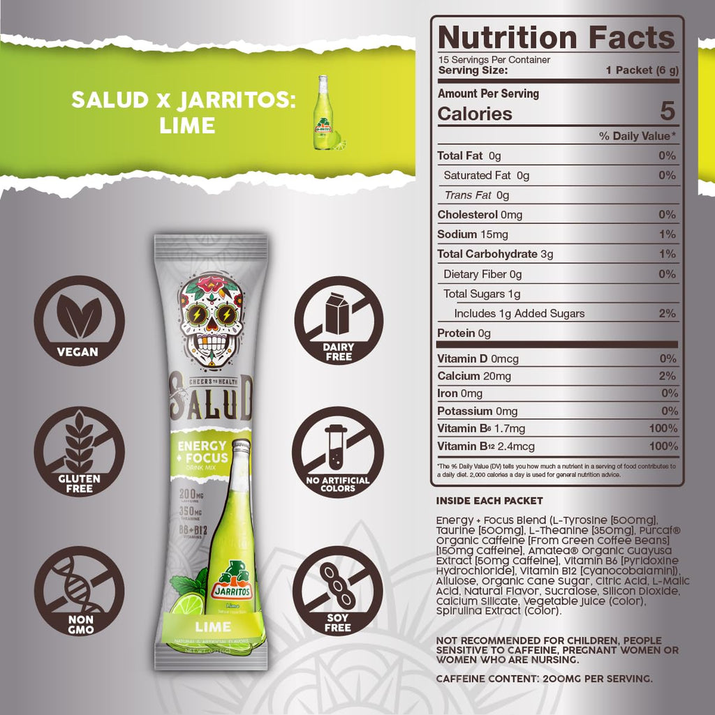 Salud x Jarritos 2-in-1 Energy Drink Powder + Focus, Lime, Organic Caffeine, B6 + B12, Theanine, Clean Energy Drink Packets, Limon Agua Fresca Mix, Non-GMO, Gluten Free, 1g of Sugar, (15 Servings)