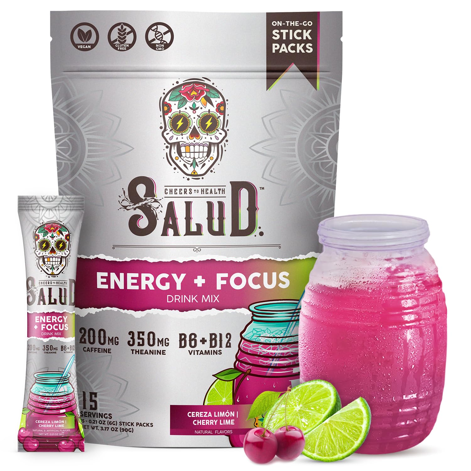 Salud x Jarritos 2-in-1 Energy Drink Powder + Focus, Lime, Organic Caffeine, B6 + B12, Theanine, Clean Energy Drink Packets, Limon Agua Fresca Mix, Non-GMO, Gluten Free, 1g of Sugar, (15 Servings)