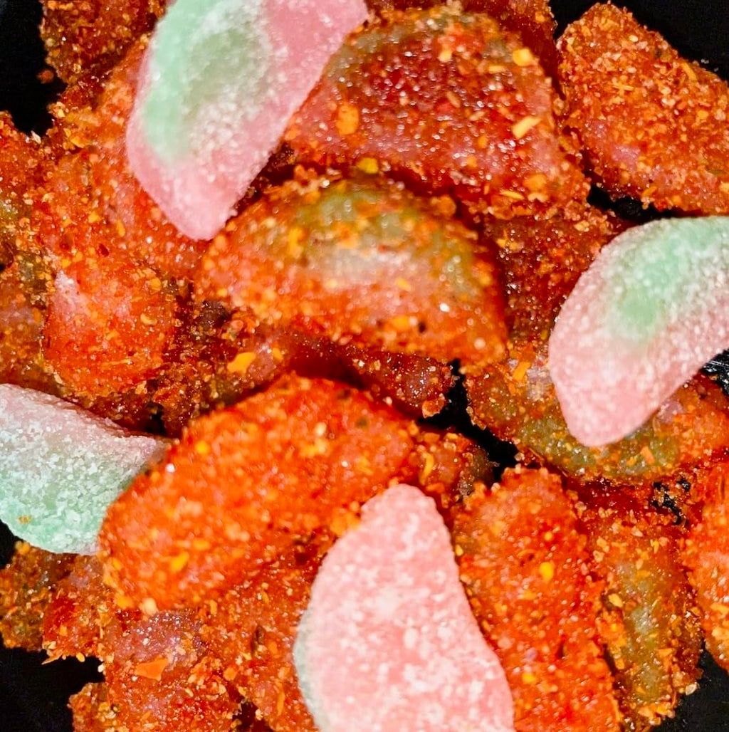 bloody sour watermelon gummys mexican dulces enchilados w/chamoy dip 11oz