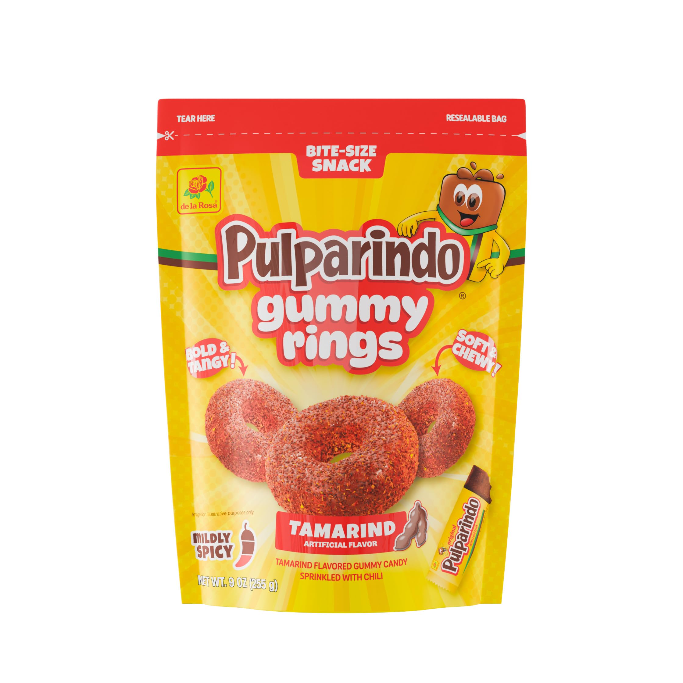 De la Rosa Pulparindo Gummies Rings,Mildly Spicy Soft Chewy Candy, Bite-Size Snack (9 Oz, Mango)