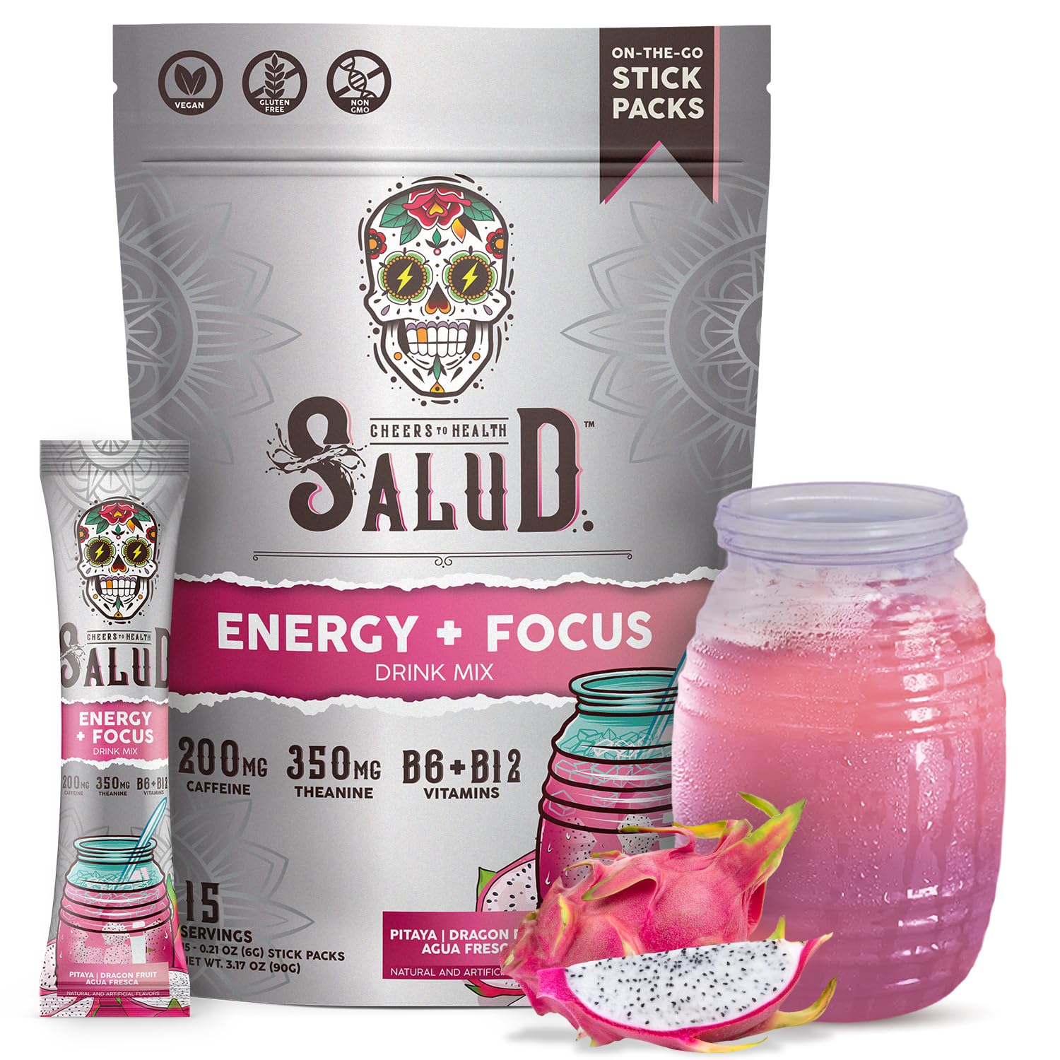 Salud x Jarritos 2-in-1 Energy Drink Powder + Focus, Lime, Organic Caffeine, B6 + B12, Theanine, Clean Energy Drink Packets, Limon Agua Fresca Mix, Non-GMO, Gluten Free, 1g of Sugar, (15 Servings)