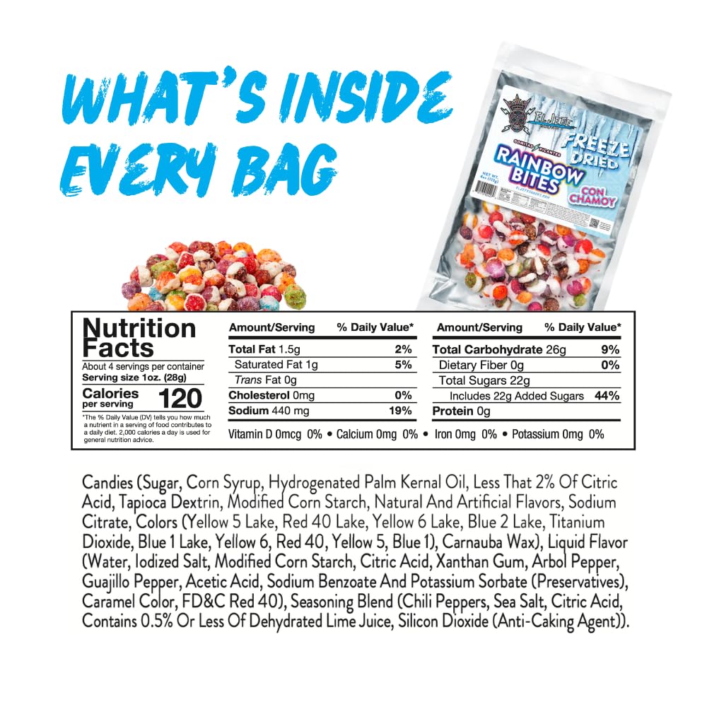 El Jefe Snacks, Freeze-Dried Rainbow Bites with Chamoy – Crunchy Freeze-Dried Candy with Sweet Fruit Flavor & Tangy Chamoy – Light, Airy Candy Snack, 6oz