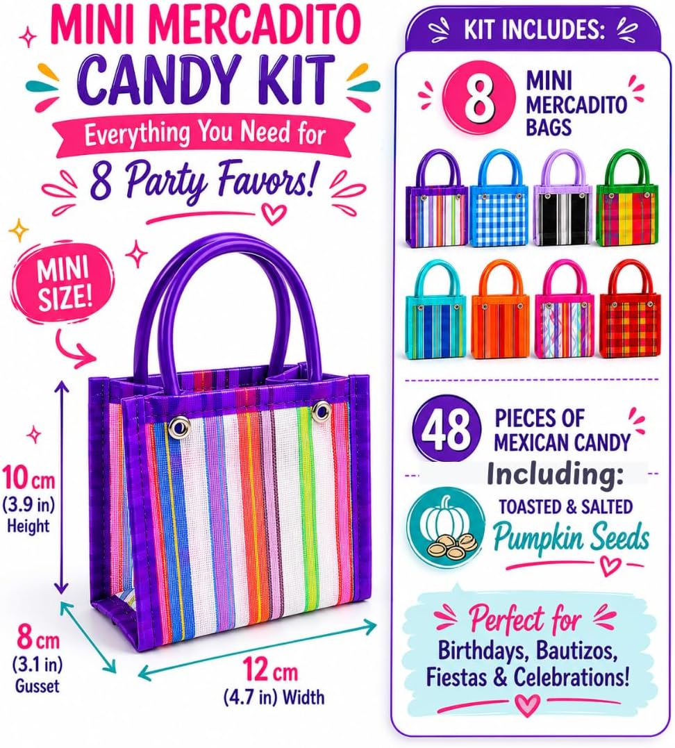 Mini Mercado Bags & Mexican Candy Kit – 8 Mercado Bags & 48 Pieces of Dulces Mexicanos, Dulceros 4" inch Fiesta Party Favors, Bolos, Candy Variety Pack Favor Kit for Birthdays, Bautizos, Candy Mix