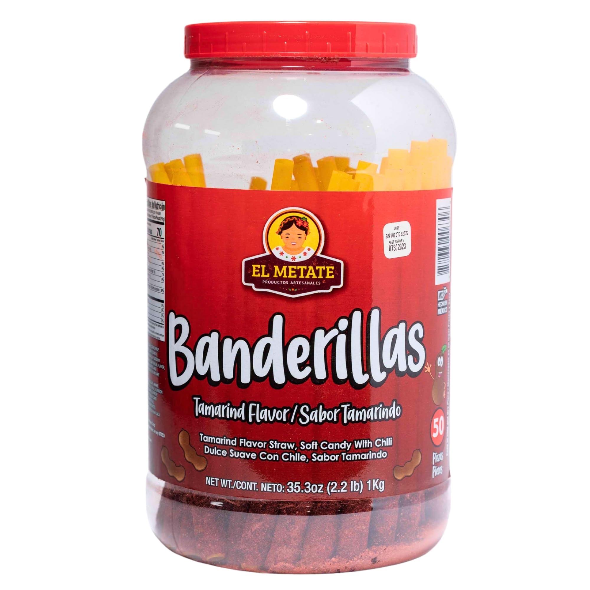 Banderilla El Metate Tamarindo/Tamarind Candy Sticks - No Wrapper - 50 Mexican Spicy Candy Sticks with Biodegradable Straws