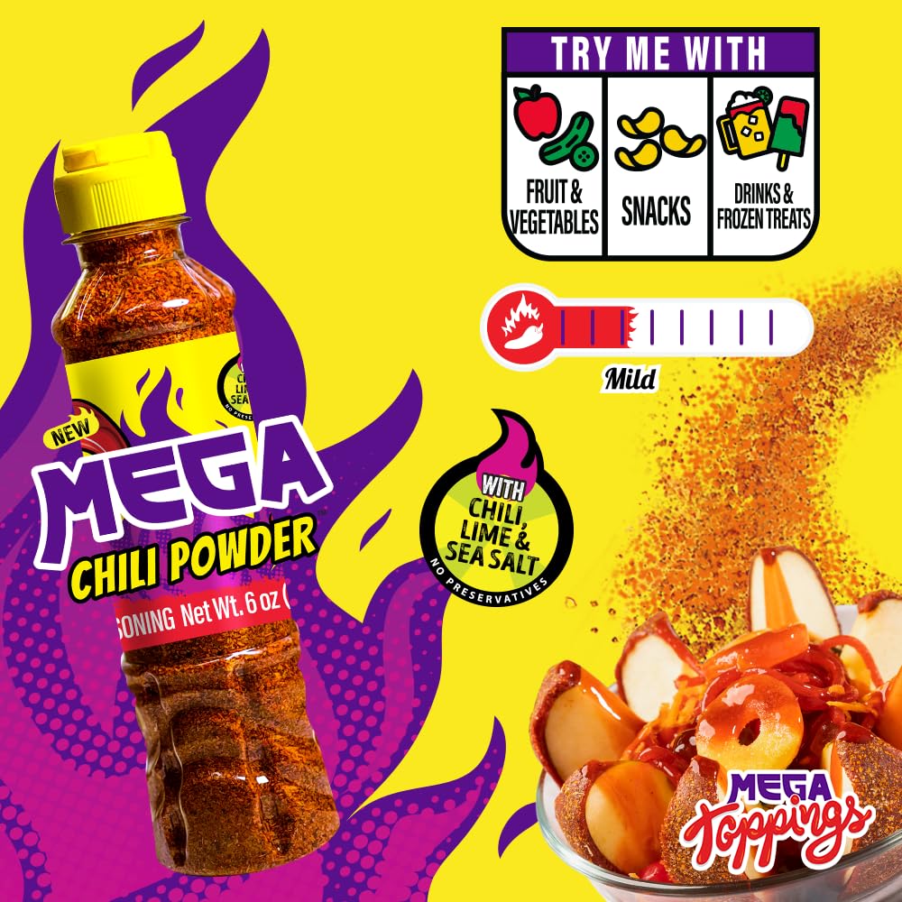 Mega Chili Powder – 6 oz Authentic Mexican Seasoning for Fruit, Candy & Drinks – Sweet, Tangy, Salty & Mildly Spicy with Bold, Classic Flavor