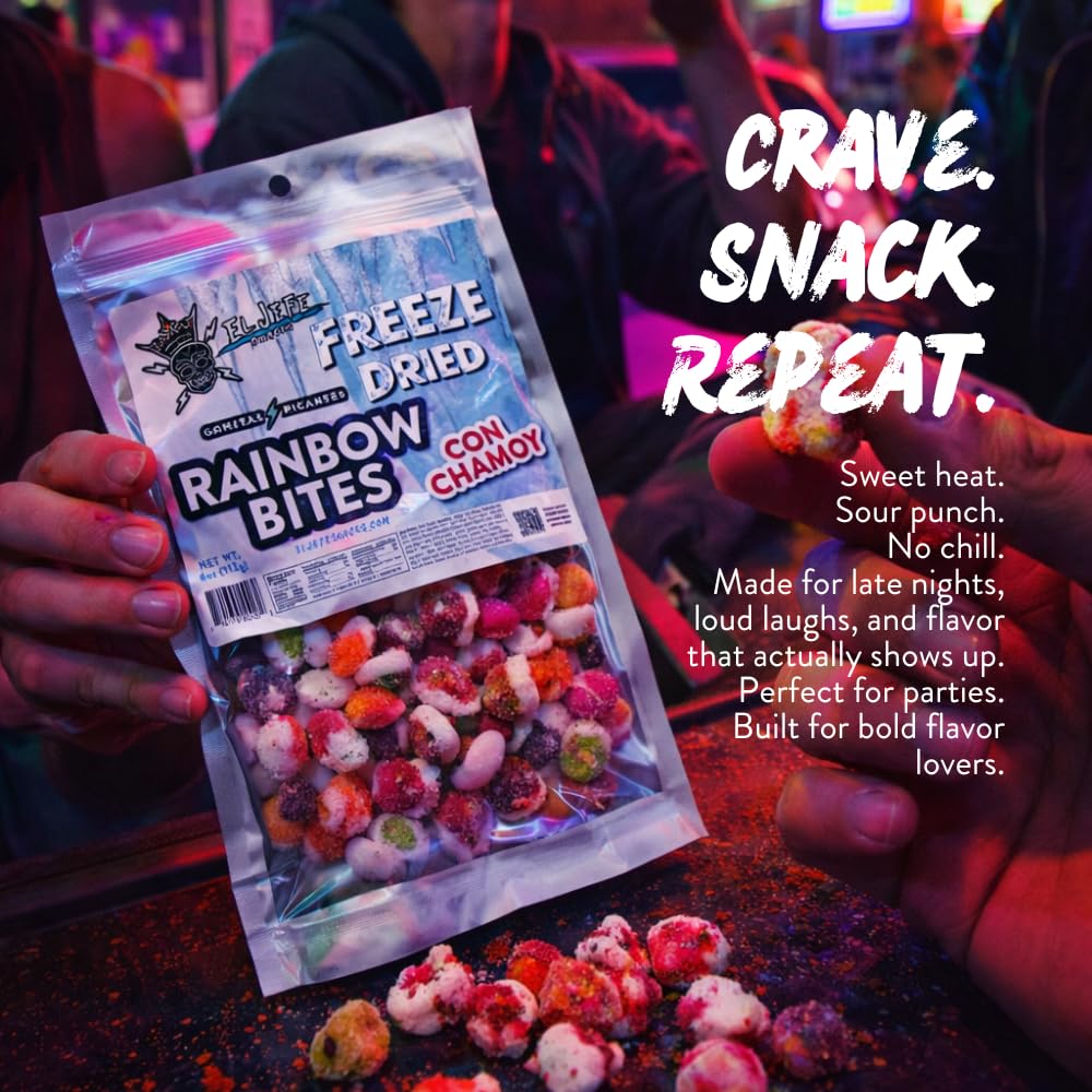 El Jefe Snacks, Freeze-Dried Rainbow Bites with Chamoy – Crunchy Freeze-Dried Candy with Sweet Fruit Flavor & Tangy Chamoy – Light, Airy Candy Snack, 6oz