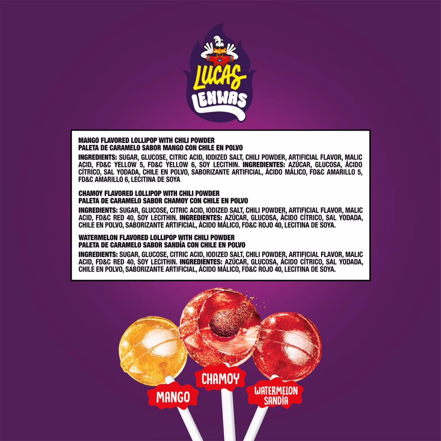 Lucas Lenwas Lollipops Variety Pack with Spicy Chili Powder Core, Mango, Chamoy & Watermelon Flavors, 60 Count, 29.63 oz (Pack of 1)