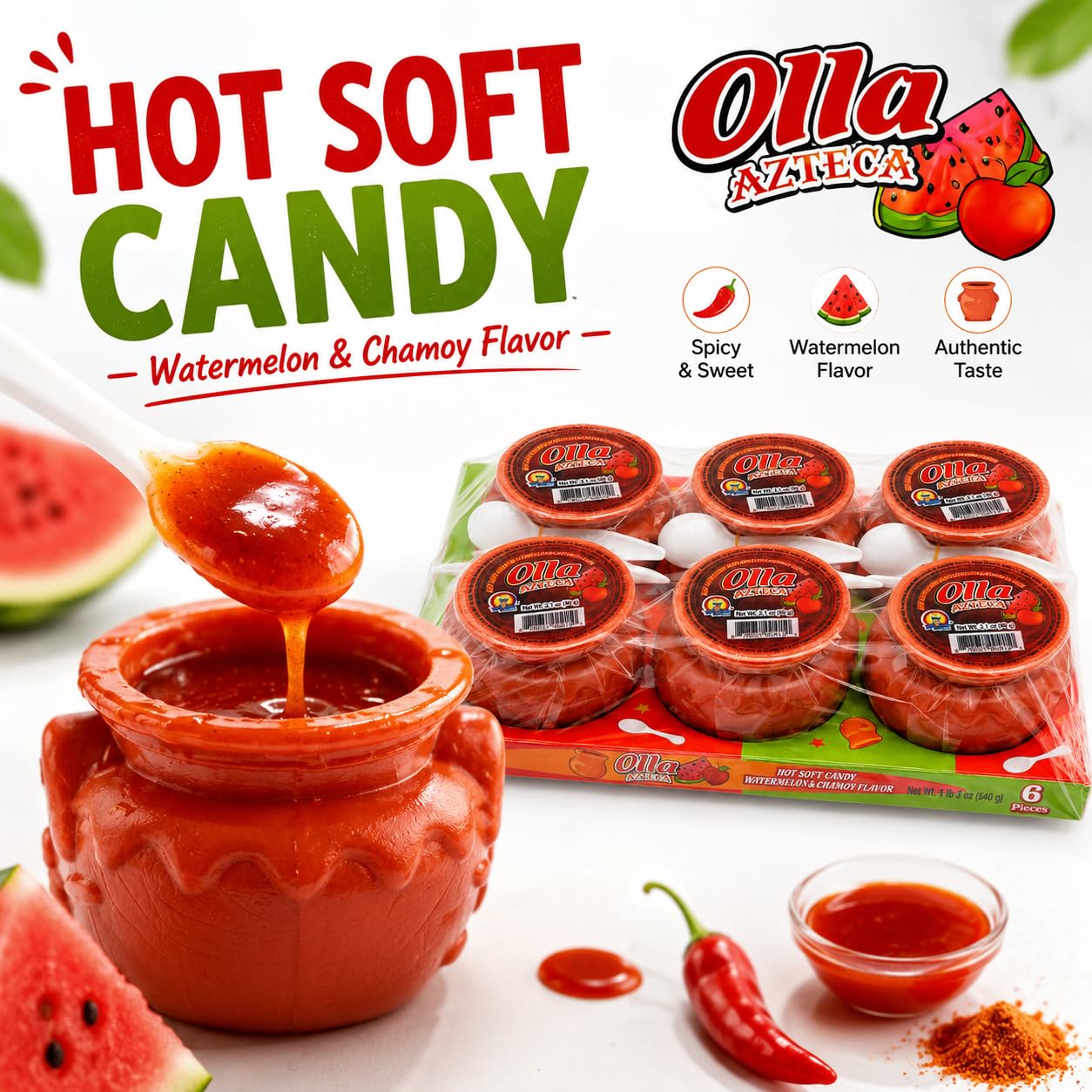 Olla El Azteca Hot Soft Candy Watermelon & Chamoy Flavor, 6 Individual Candy Cups with Spoons, Mexican-Style Sweet Tangy Spicy Candy, 3.1 oz Each, 1 lb 3 oz Total