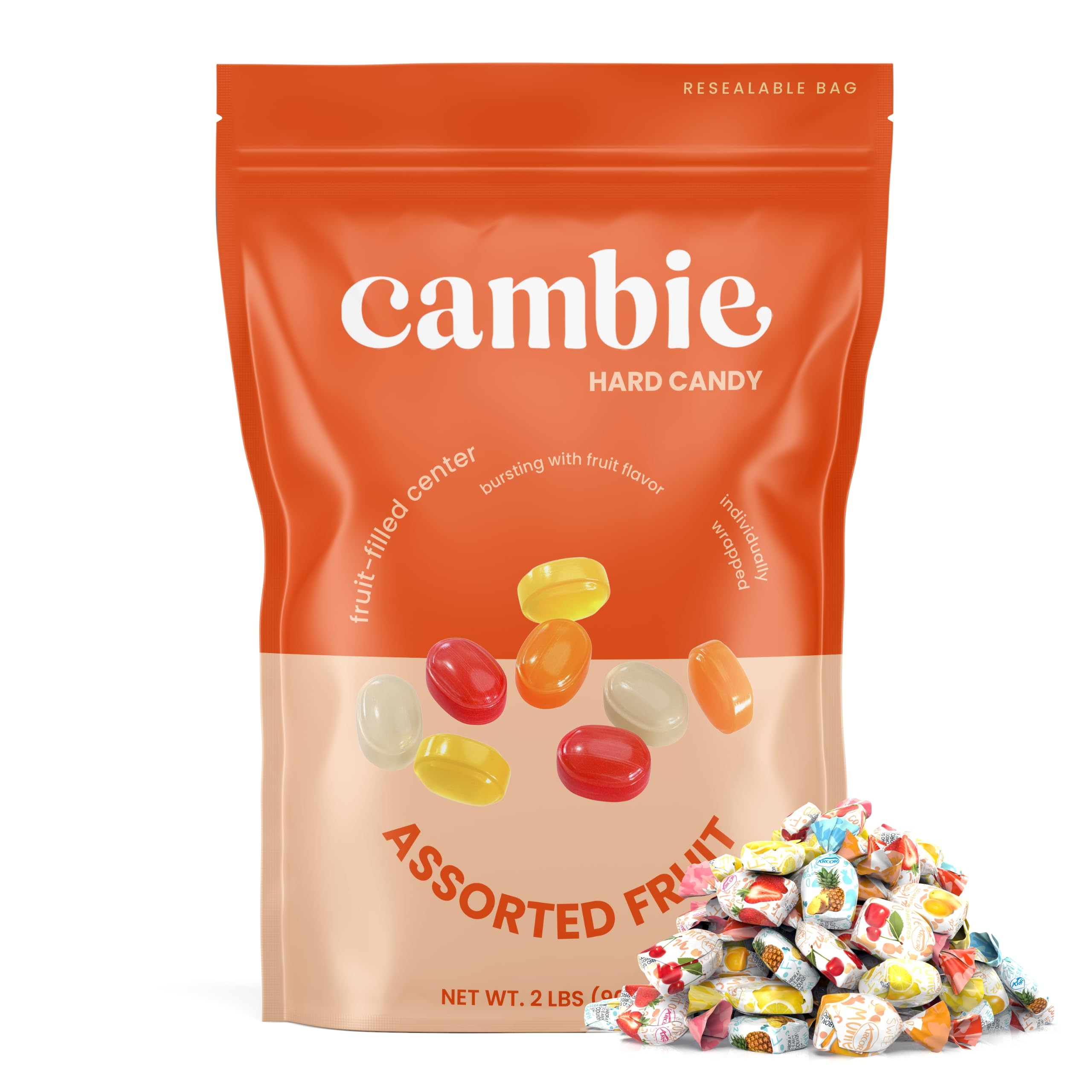 Strawberry Hard Candy Individually Wrapped by Cambie, 2 lbs of Strawberry Candy with a Deliciously Sweet Hard Exterior with a Soft, Fruit-Filled Center