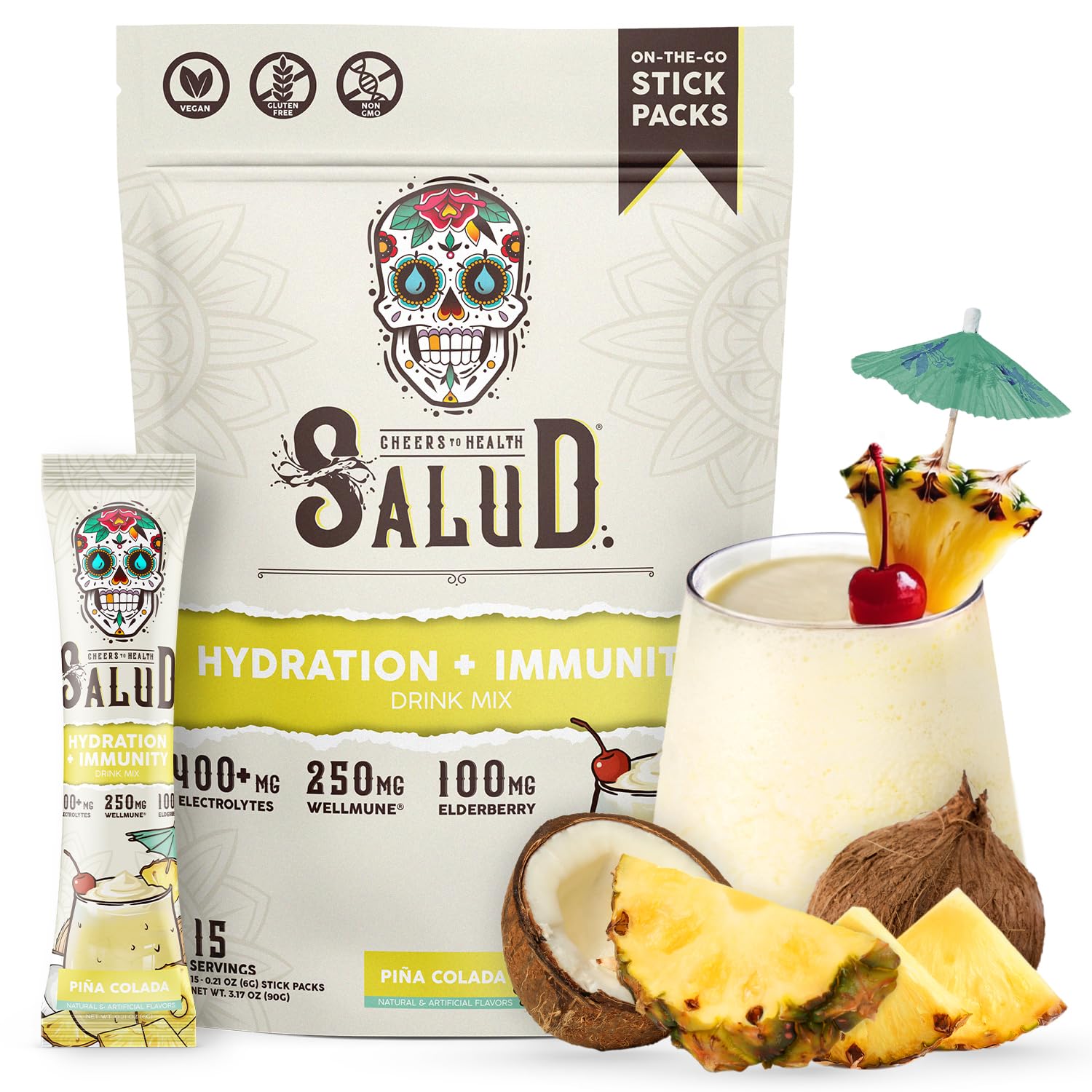 Salud x Jarritos 2-in-1 Hydration Packets + Immunity Electrolytes Powder, Guava - Agua Fresca Drink Mix, Elderberry, Dairy & Soy Free, Non-GMO, Gluten Free, Vegan, 1g Sugar (15 Servings)