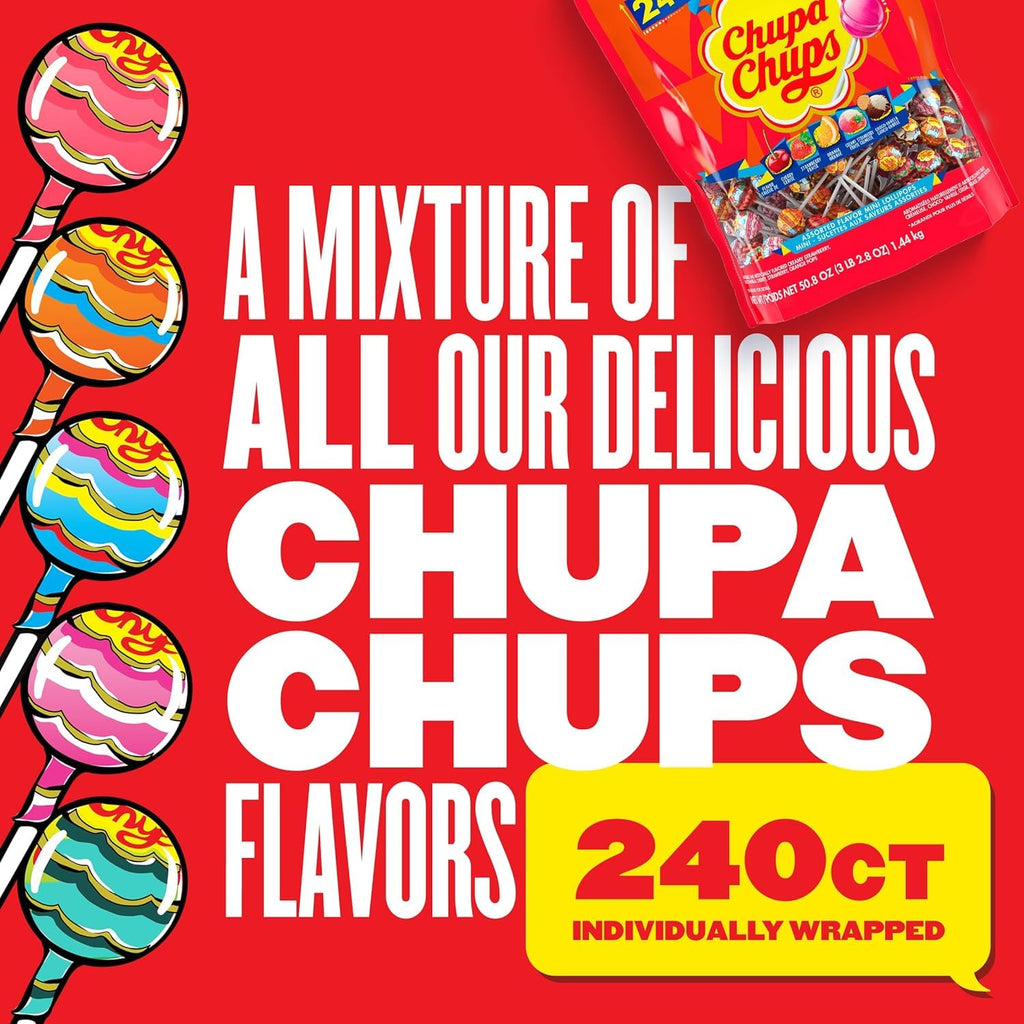 Chupa Chups Mini Lollipop Assortment, Five Flavors, Easter Candy Bulk, Easter Basket Essentials Stuffers for Kids and Adults, Individually Wrapped, 50.8 Ounce Bag (240 Suckers)