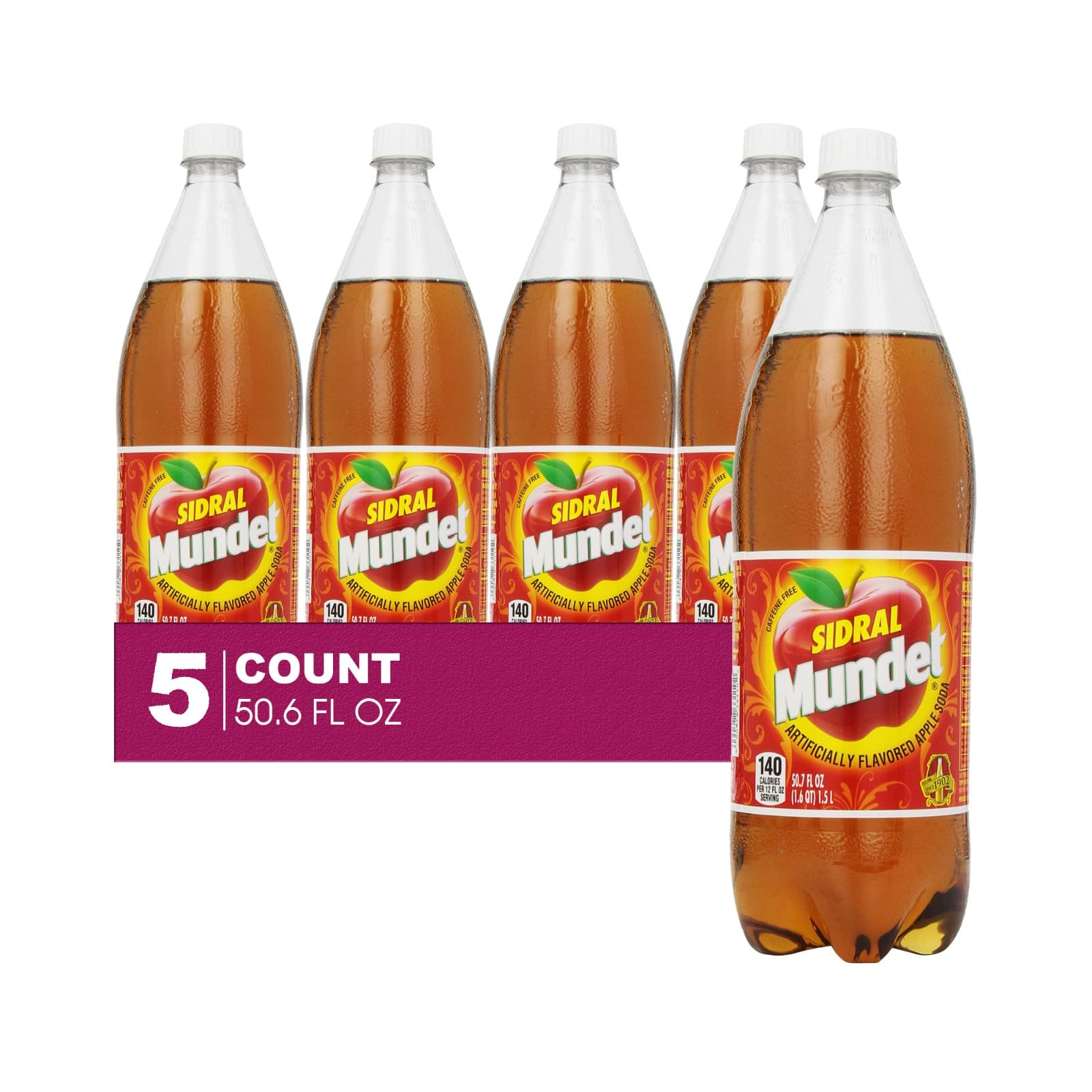 Sidral Mundet 5-Pack of Mexican Soft Drink Plastic Bottle 50.7 fl oz (1.5 lt) Made with 100% Natural Sugar