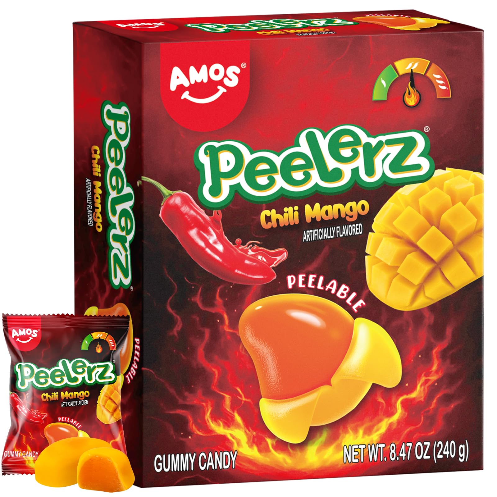 AMOS Peelerz Chili Mango Peelable Gummy Candy, Spicy Sweet Mango Flavor, Real Fruit Juice Infused, 8.47 OZ (240g)