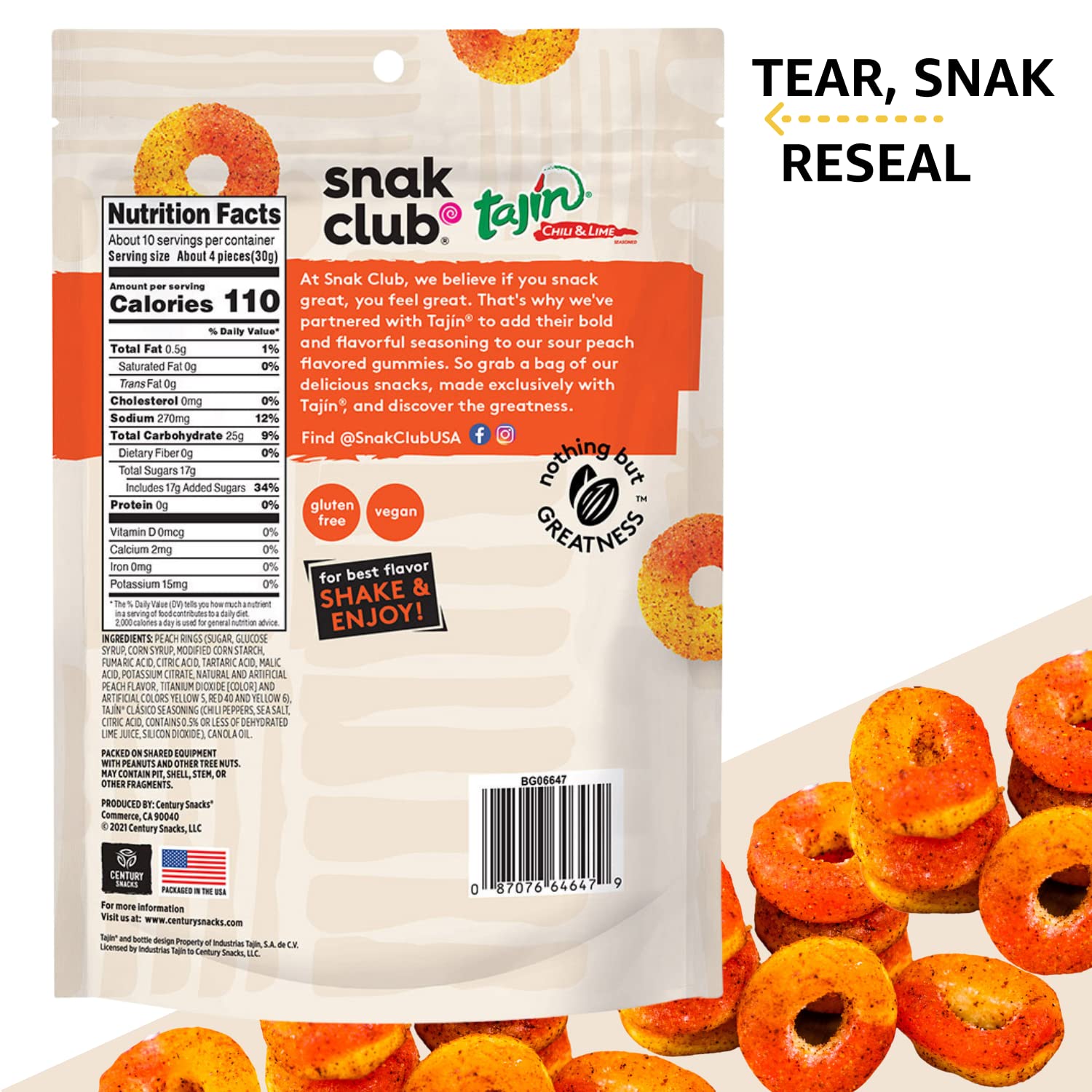 Snak Club Tajin Watermelon Rings, Chili & Lime Gummy Snacks, Mild in Heat Bold in Flavor, Gluten-Free Snack, 2.25oz,(Pack of 12)
