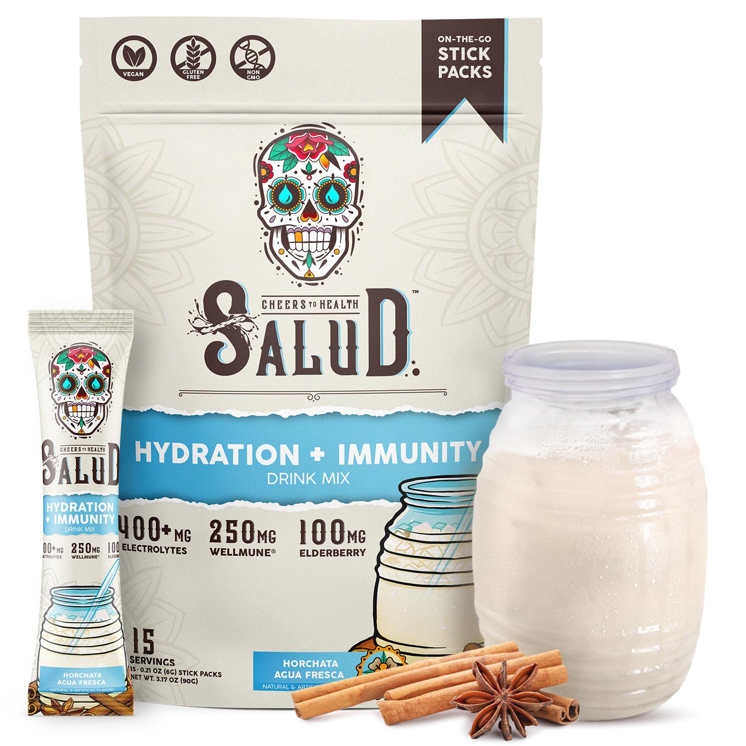Salud x Jarritos 2-in-1 Hydration Packets + Immunity Electrolytes Powder, Guava - Agua Fresca Drink Mix, Elderberry, Dairy & Soy Free, Non-GMO, Gluten Free, Vegan, 1g Sugar (15 Servings)