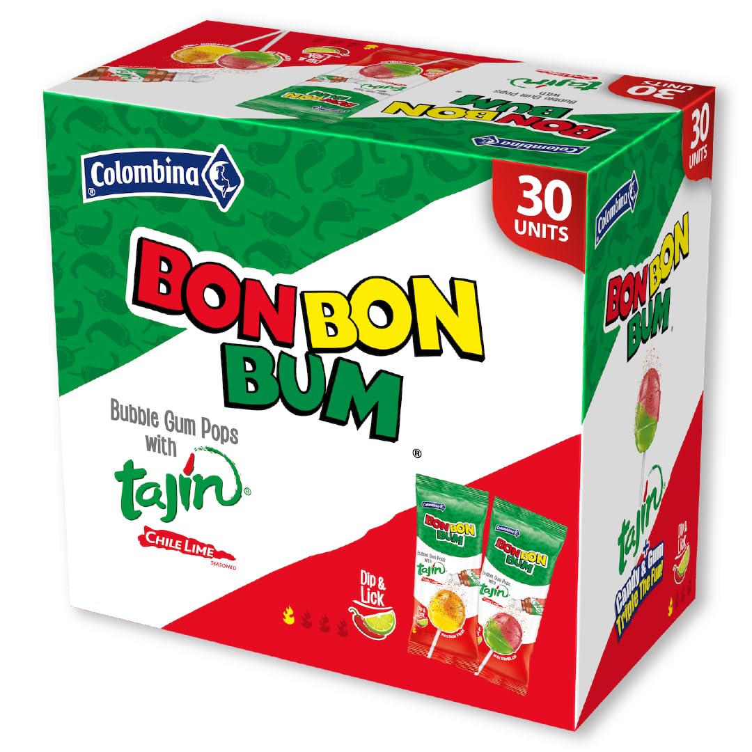 Colombina Bon Bon Bum Tropical Passion Fruit & Watermelon with Tajin Seasoning Chile Lime Dip, 20 Count (Pack of 1)