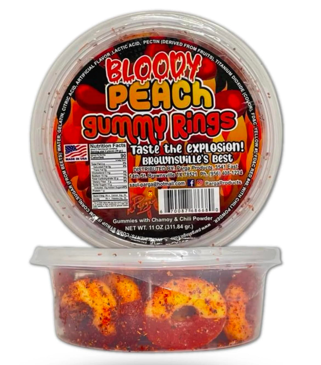 bloody peach gummy rings mexican dulces enchilados w/chamoy dip 11oz