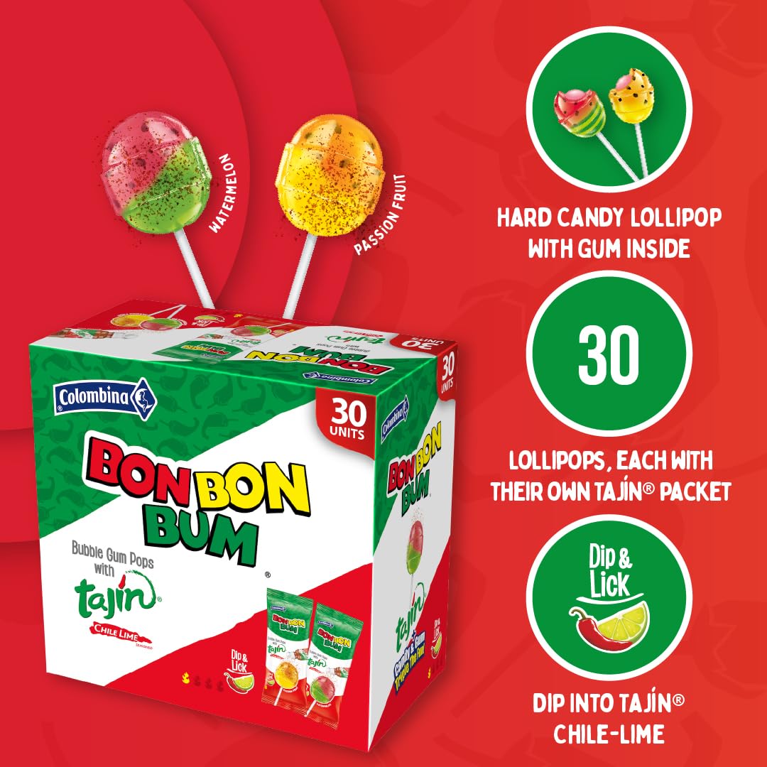 Colombina Bon Bon Bum Tropical Passion Fruit & Watermelon with Tajin Seasoning Chile Lime Dip, 20 Count (Pack of 1)