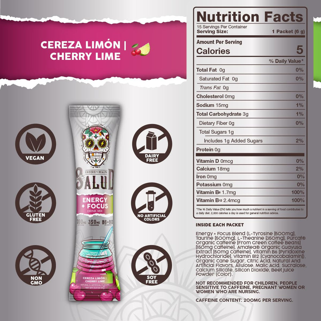 Salud x Jarritos 2-in-1 Energy Drink Powder + Focus, Lime, Organic Caffeine, B6 + B12, Theanine, Clean Energy Drink Packets, Limon Agua Fresca Mix, Non-GMO, Gluten Free, 1g of Sugar, (15 Servings)