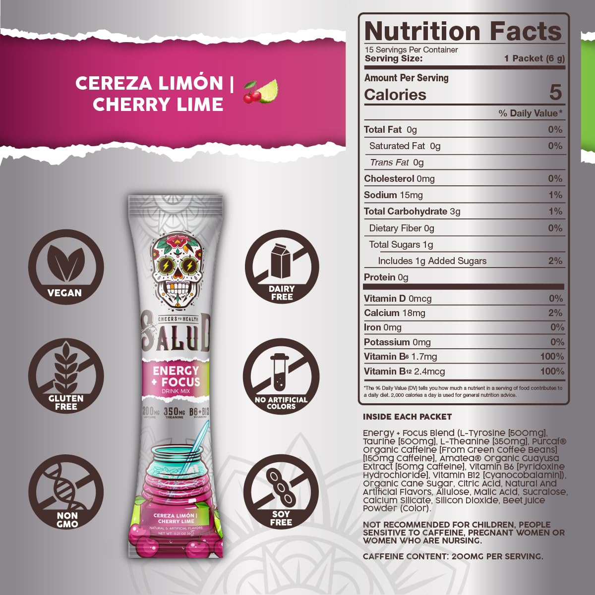 Salud x Jarritos 2-in-1 Energy Drink Powder + Focus, Lime, Organic Caffeine, B6 + B12, Theanine, Clean Energy Drink Packets, Limon Agua Fresca Mix, Non-GMO, Gluten Free, 1g of Sugar, (15 Servings)
