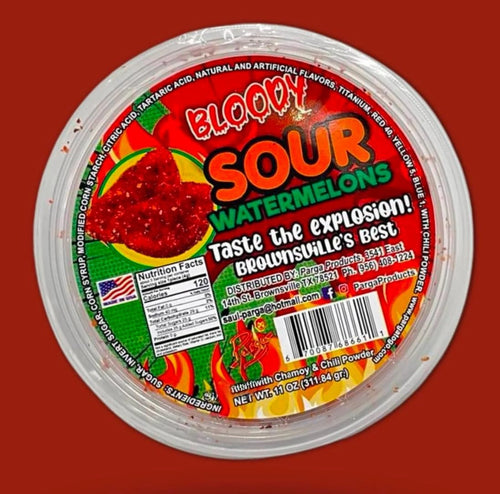 bloody sour watermelon gummys mexican dulces enchilados w/chamoy dip 11oz