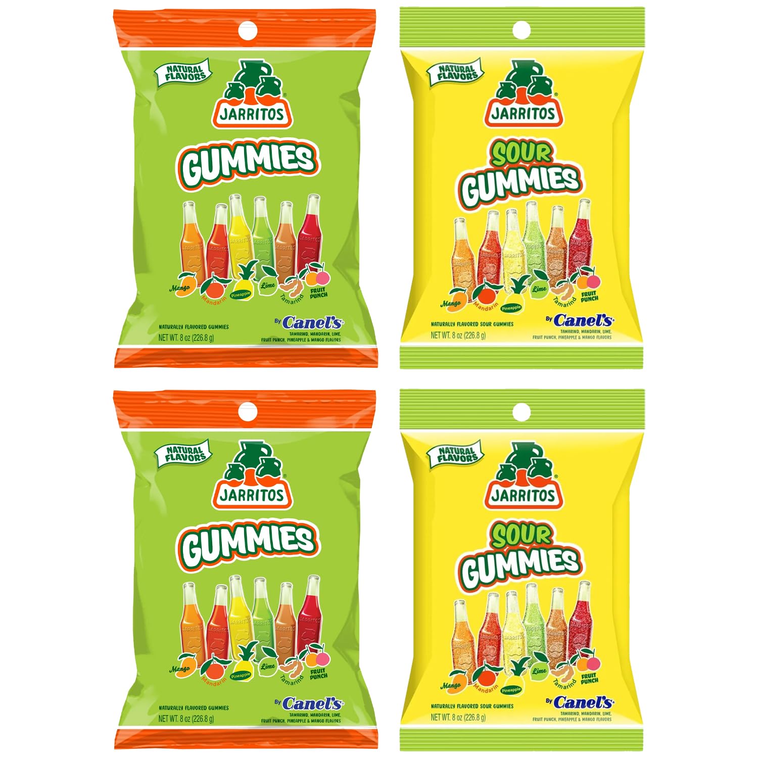 Jarritos Sour Gummies Candy – 4 Pack of Mexican Candies with Natural Flavors - 2 Sour & 2 Original Bags – 6 Fruity Flavors – Tangy & Chewy Snack Treats - Variety Pack