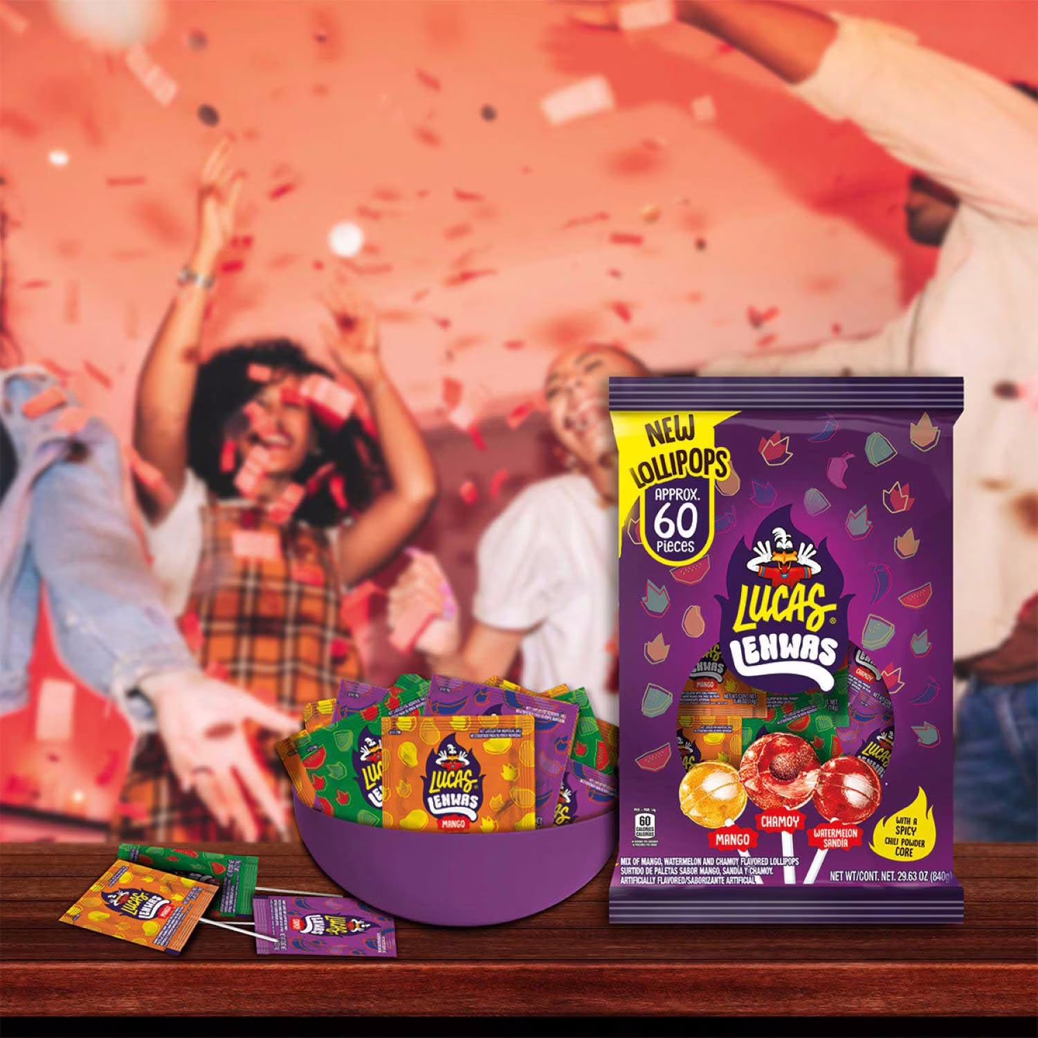 Lucas Lenwas Lollipops Variety Pack with Spicy Chili Powder Core, Mango, Chamoy & Watermelon Flavors, 60 Count, 29.63 oz (Pack of 1)