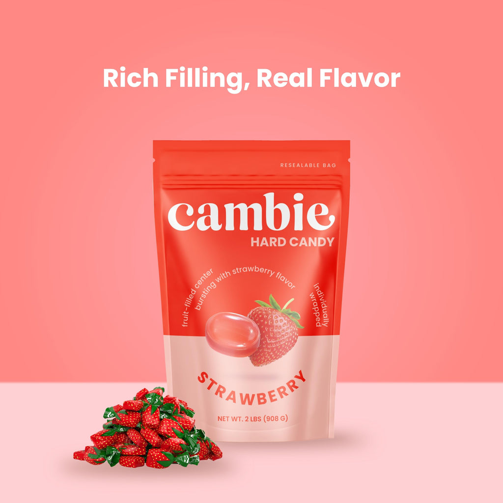 Strawberry Hard Candy Individually Wrapped by Cambie, 2 lbs of Strawberry Candy with a Deliciously Sweet Hard Exterior with a Soft, Fruit-Filled Center