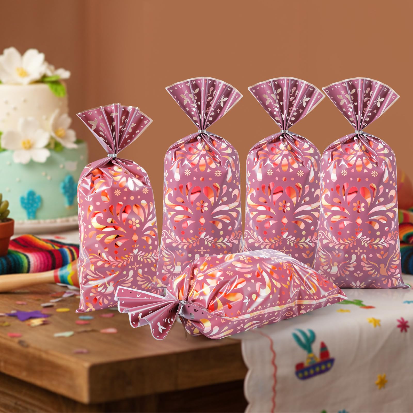 Funrous 100 Pcs Cielito Lindo Candy Bags Mexican Fiesta Gift Bags with Twist Ties Cinco De Mayo Party Favors Barro Candy Sack Talavera Sack for Mexican Wedding Fiesta Party Supplies(Brown Series)