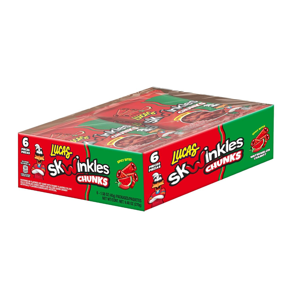 Lucas Skwinkles Candy Chunk Watermelon Flavored with Tamarind Filling 1.60oz, 6 pieces Pack – Watermelon & Tamarind perfect for Summer treats