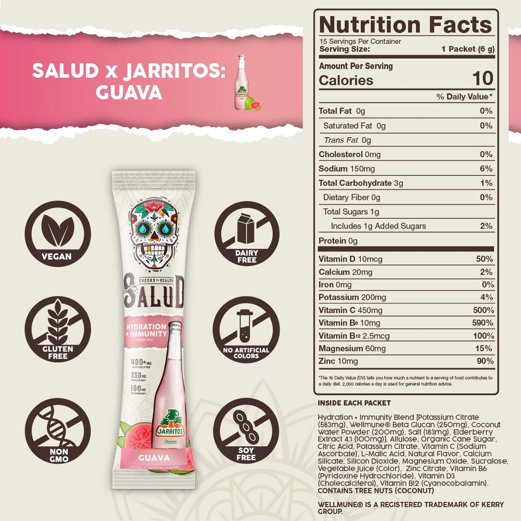 Salud x Jarritos 2-Pack | 2-in-1 Energy + Focus (Fruit Punch) & Hydration + Immunity (Guava) – 15 Servings Each, Agua Fresca Drink Mix, Non-GMO, Gluten Free, Vegan, Low Calorie, 1g of Sugar
