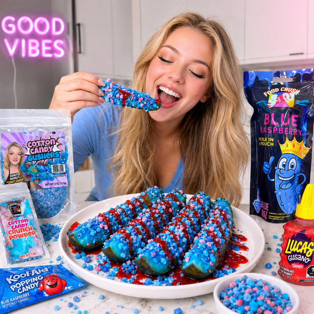 Popping Crunch Pickle Kit - Cotton Candy Crunch + Kool-aid Popping Candy + Food Crush Blue Raspberry Pickles + Ashley Dashley coated candy bursts + Lucas Chamoy Sauce