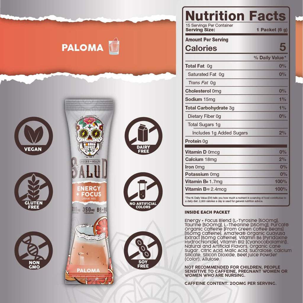 Salud x Jarritos 2-in-1 Energy Drink Powder + Focus, Lime, Organic Caffeine, B6 + B12, Theanine, Clean Energy Drink Packets, Limon Agua Fresca Mix, Non-GMO, Gluten Free, 1g of Sugar, (15 Servings)