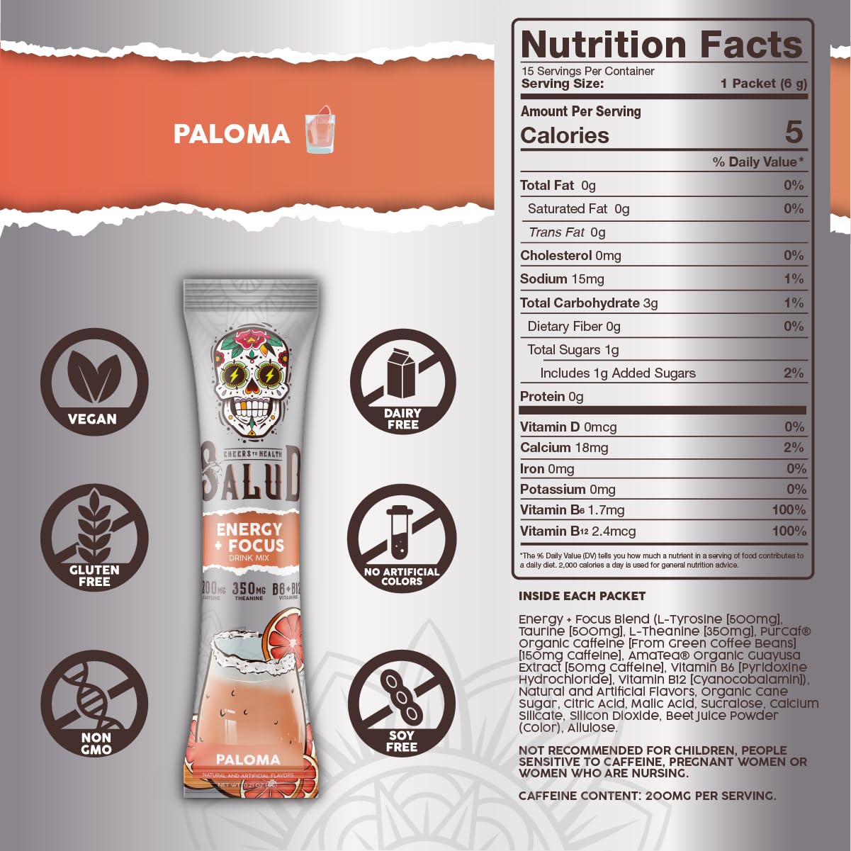 Salud x Jarritos 2-in-1 Energy Drink Powder + Focus, Lime, Organic Caffeine, B6 + B12, Theanine, Clean Energy Drink Packets, Limon Agua Fresca Mix, Non-GMO, Gluten Free, 1g of Sugar, (15 Servings)