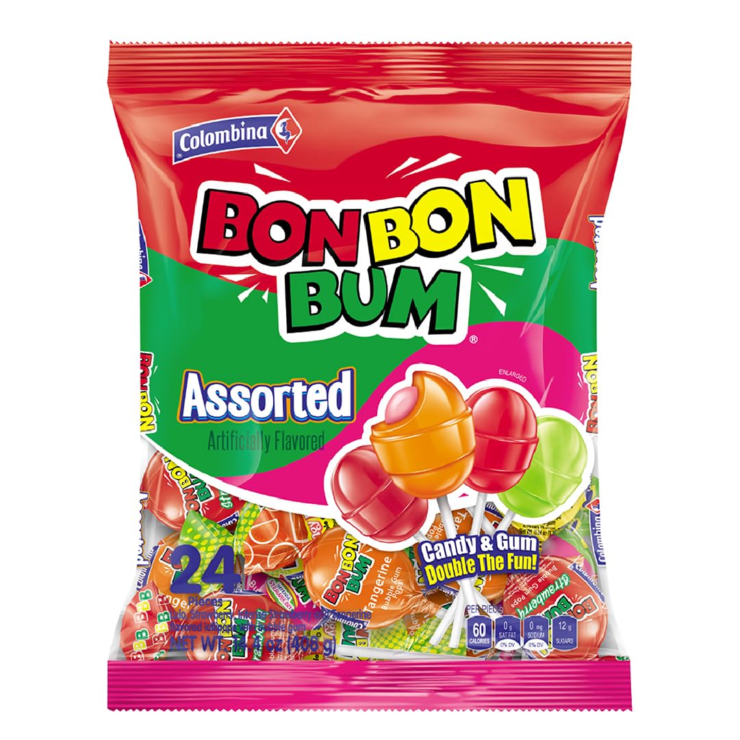 Colombina Bon Bon Bum Passion Fruit Lollipops, Tropical Fruit Hard Candy, Individually Wrapped Candy Pops for Parties, Candy Bowl Refill, Office or Classroom Rewards, 24 Count