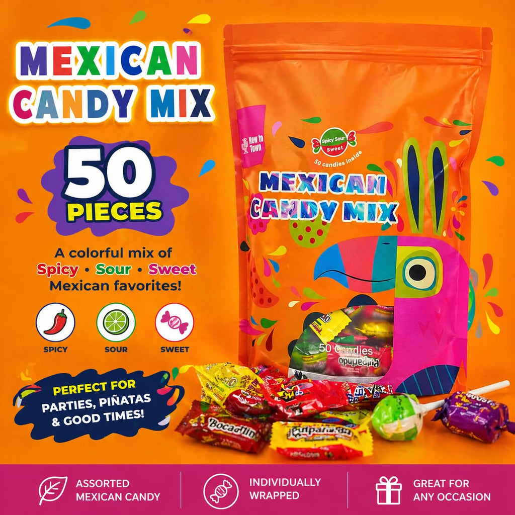 Mexican Candy Variety Pack (50 Count) Dulces Mexicanos, Tamarind Candy, with Lucas, Skwinkles, Pulparindo, Mazapan, Duvalin, Pelon Pelo Rico, Vero Lollipops, Mexican Snacks, Fiesta Birthdays