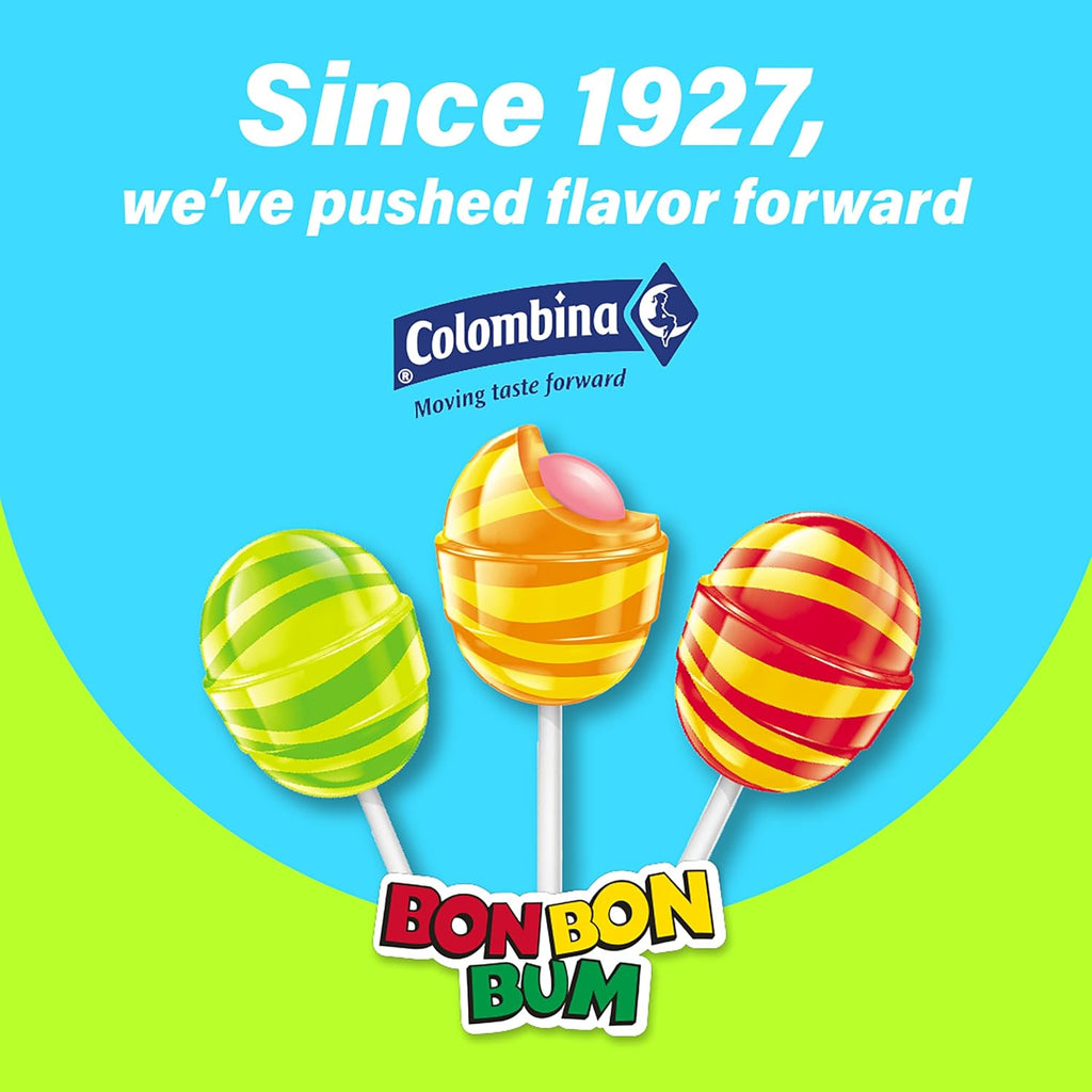 Colombina Bon Bon Bum Intense Sour Lollipops, Assorted Sour Fruit Flavors with Bubble Gum Center, Individually Wrapped, 6 oz (Pack of 1)
