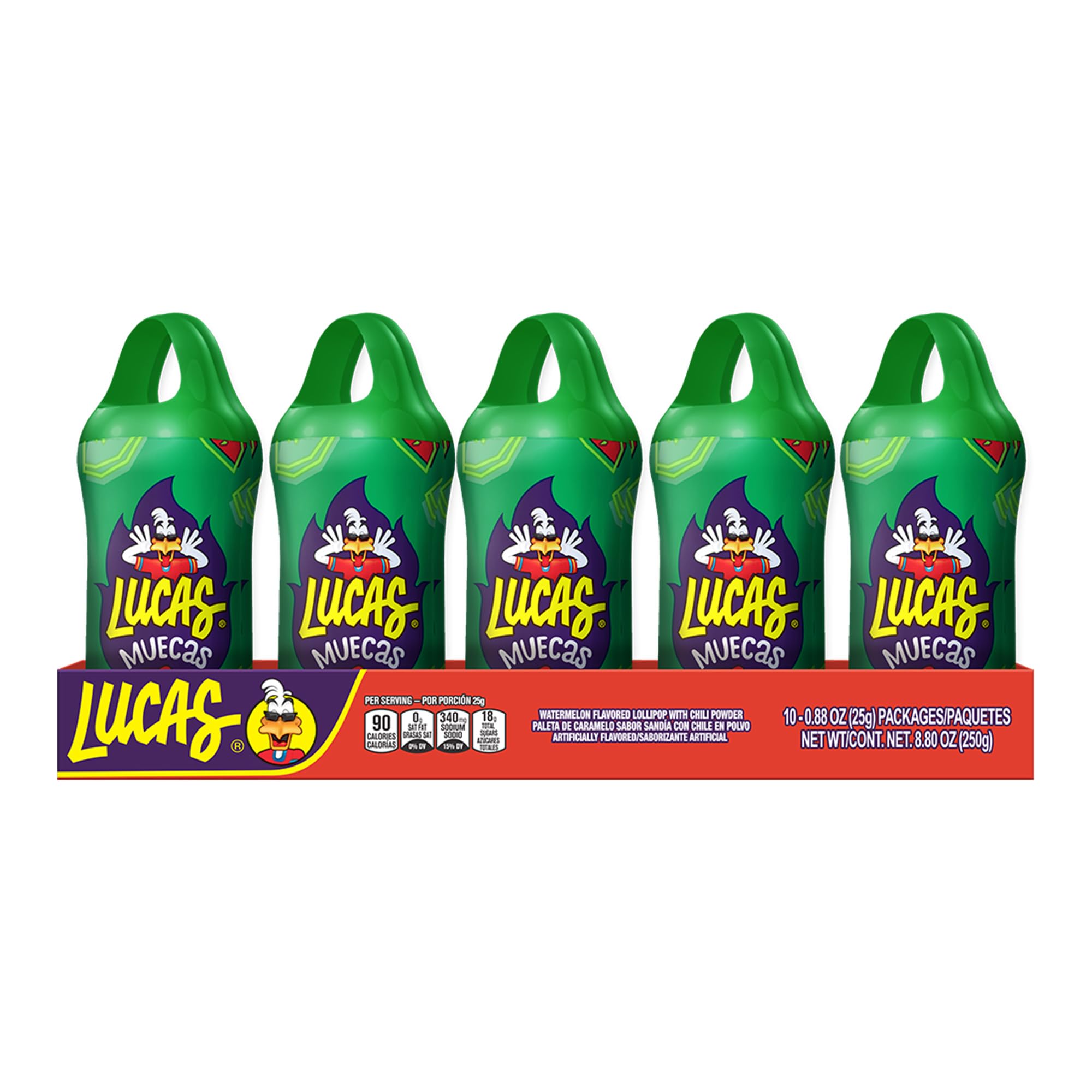 Lucas Muecas Lollipop Watermelon Flavor Candy, 0.96oz - 10 Pieces Pack for Treats, Snack, Parties, Piñatas