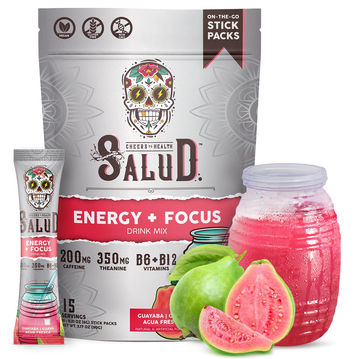 Salud x Jarritos 2-in-1 Energy Drink Powder + Focus, Lime, Organic Caffeine, B6 + B12, Theanine, Clean Energy Drink Packets, Limon Agua Fresca Mix, Non-GMO, Gluten Free, 1g of Sugar, (15 Servings)