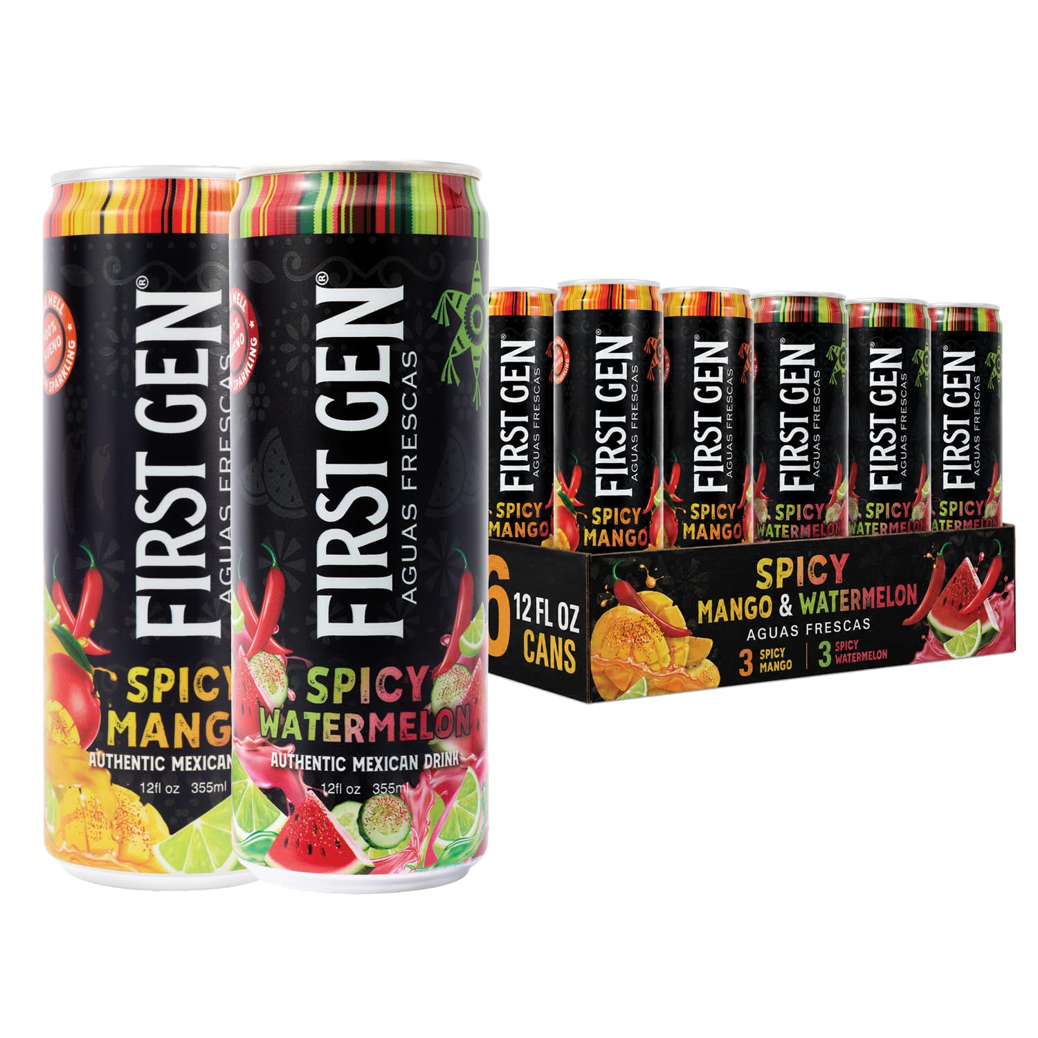 Drink Mexican Spicy Watermelon Drink – Non Carbonated, Non-Alc, Caffeine Free Aguas Frescas with Real Watermelon Juice & Chili Peppers, Sweet Tangy Salty Flavor- First Gen Authentic Mexican Watermelon Fruit Juice Drink - 12 fl oz Cans, 6 Pack