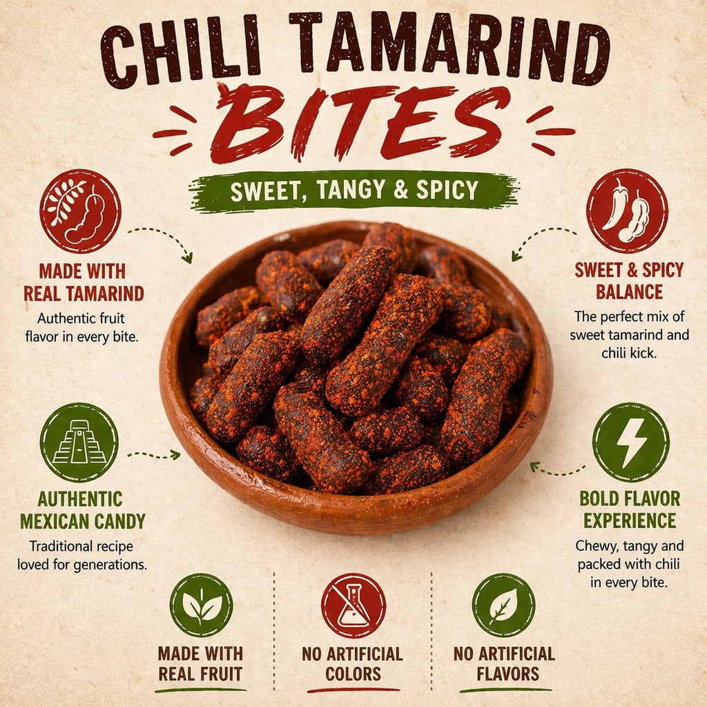 Tamarind Candy 16 oz – Tamarindo De Frutas Con Chile, Sweet, Tangy & Spicy Tamarind Mexican Candy with Chili – Authentic Tamarindo Candy Bites, Chewy Fruit Snack, Contains Seed
