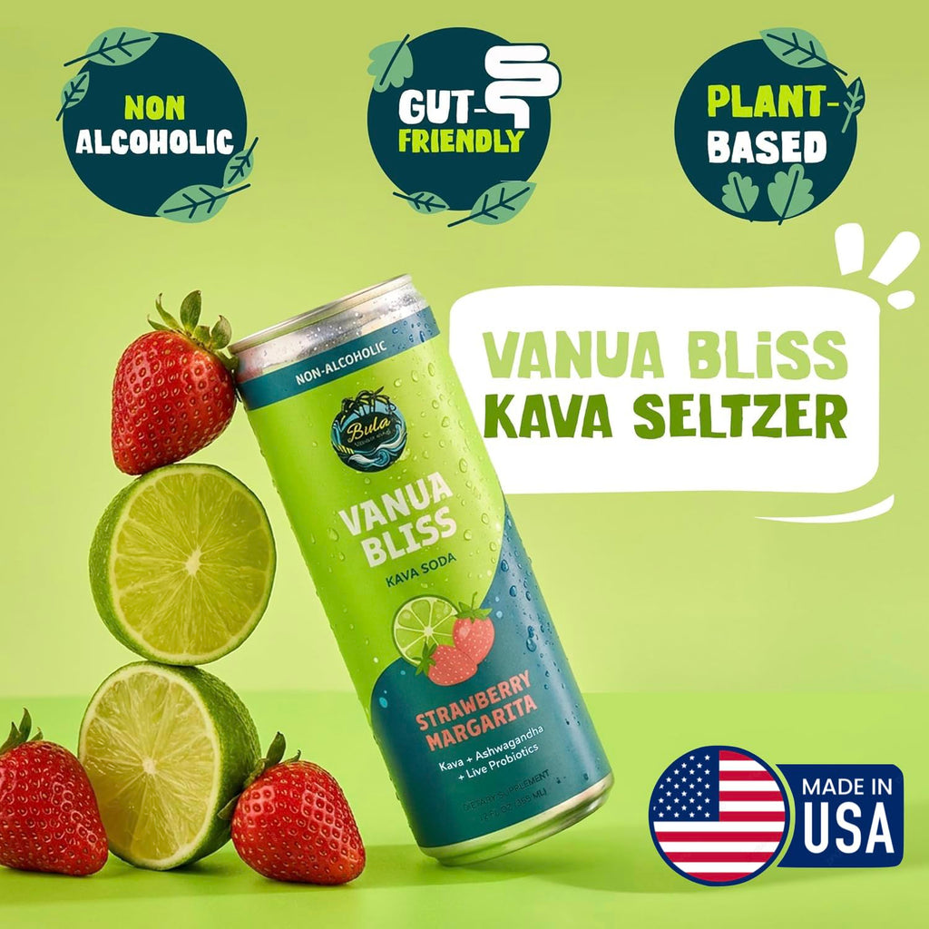 Bula Kava Drink Sparkling Relaxation Variety Pack – Non-Alcoholic Seltzer Mango Mojito & Strawberry Margarita 4x12oz – Probiotic Refreshing Kava Soda with Ashwagandha – Vegan, Non-GMO, Low Sugar
