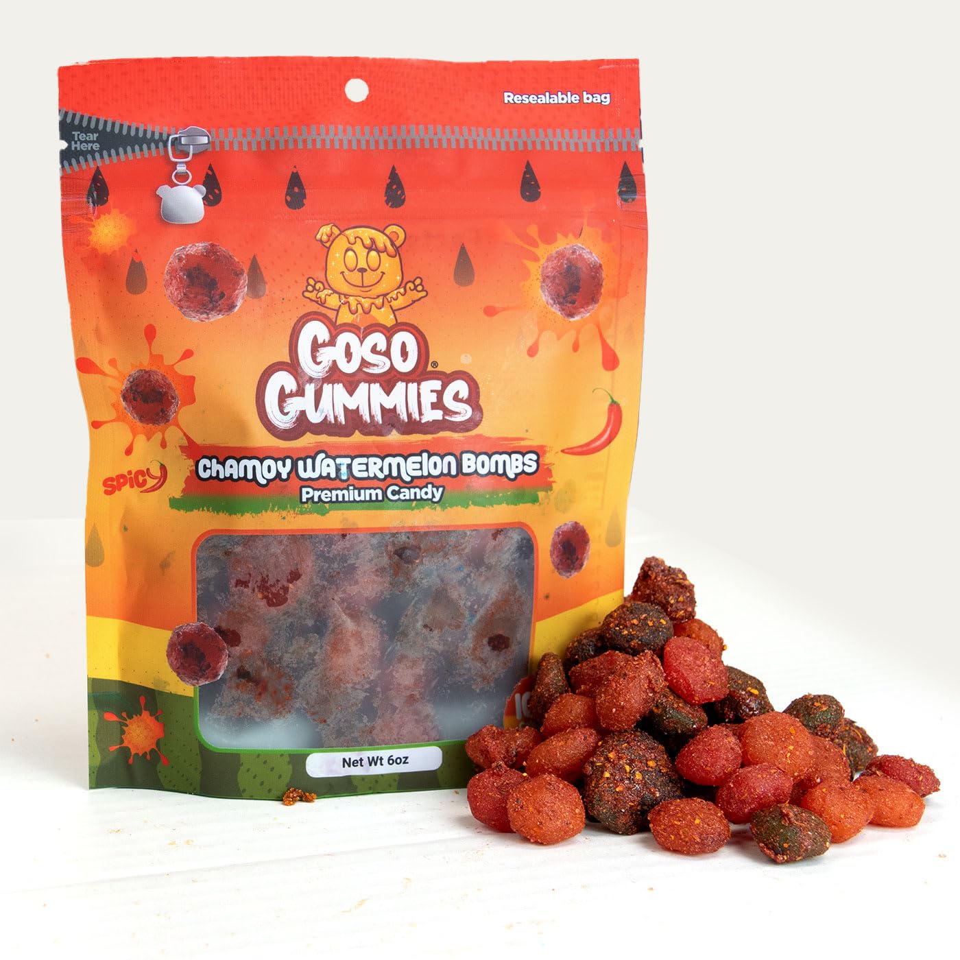 Goso Gummies Spicy Chamoy Gusher Bombs – 6oz Resealable Bag – Tangy Chamoy Filled Gusher Candy