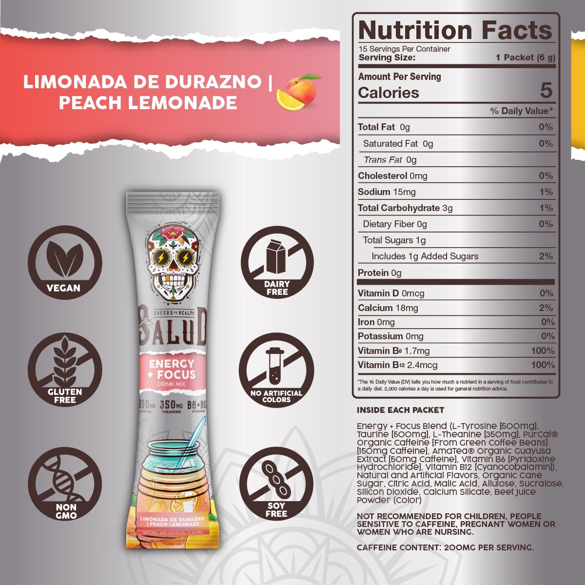 Salud x Jarritos 2-in-1 Energy Drink Powder + Focus, Lime, Organic Caffeine, B6 + B12, Theanine, Clean Energy Drink Packets, Limon Agua Fresca Mix, Non-GMO, Gluten Free, 1g of Sugar, (15 Servings)