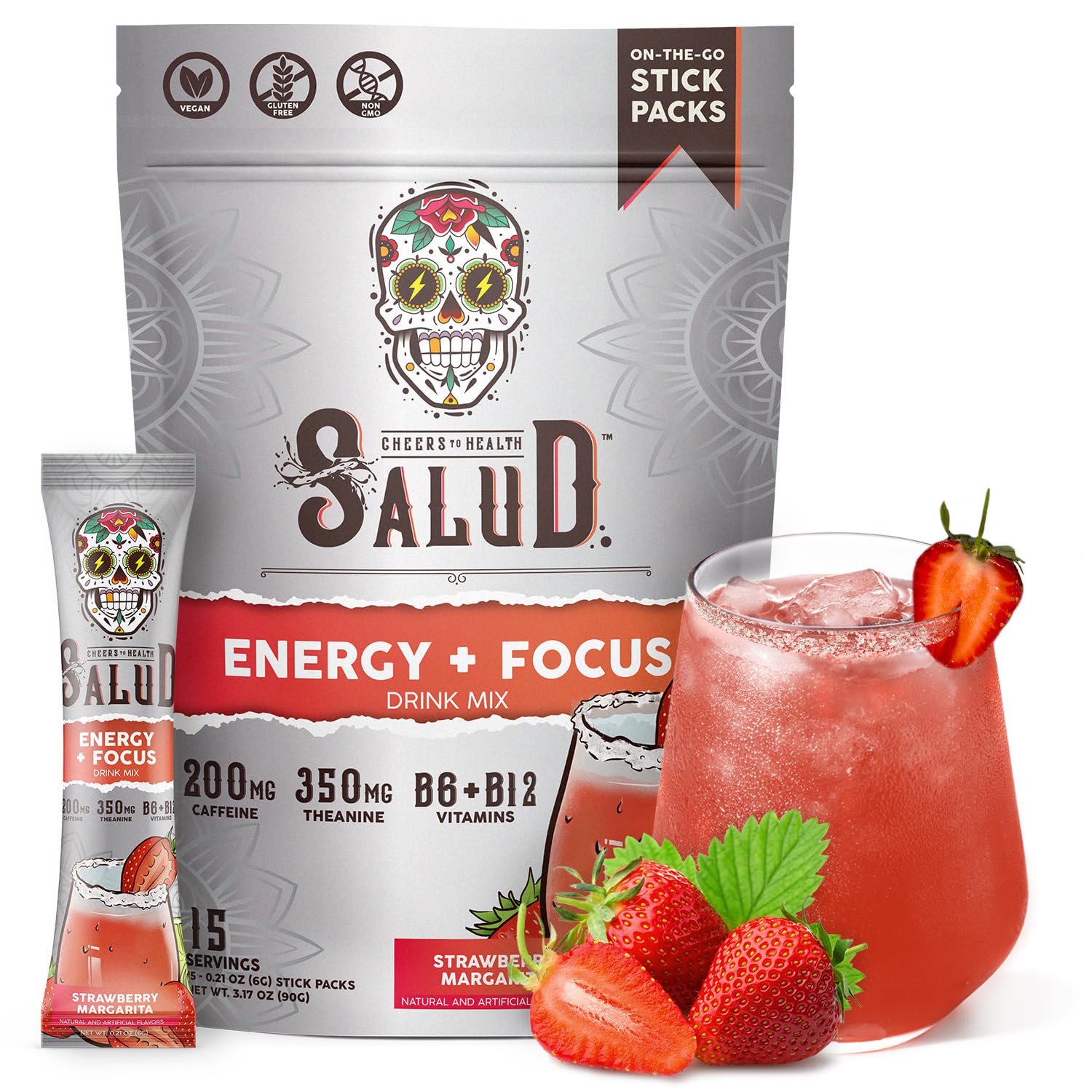 Salud x Jarritos 2-in-1 Energy Drink Powder + Focus, Lime, Organic Caffeine, B6 + B12, Theanine, Clean Energy Drink Packets, Limon Agua Fresca Mix, Non-GMO, Gluten Free, 1g of Sugar, (15 Servings)