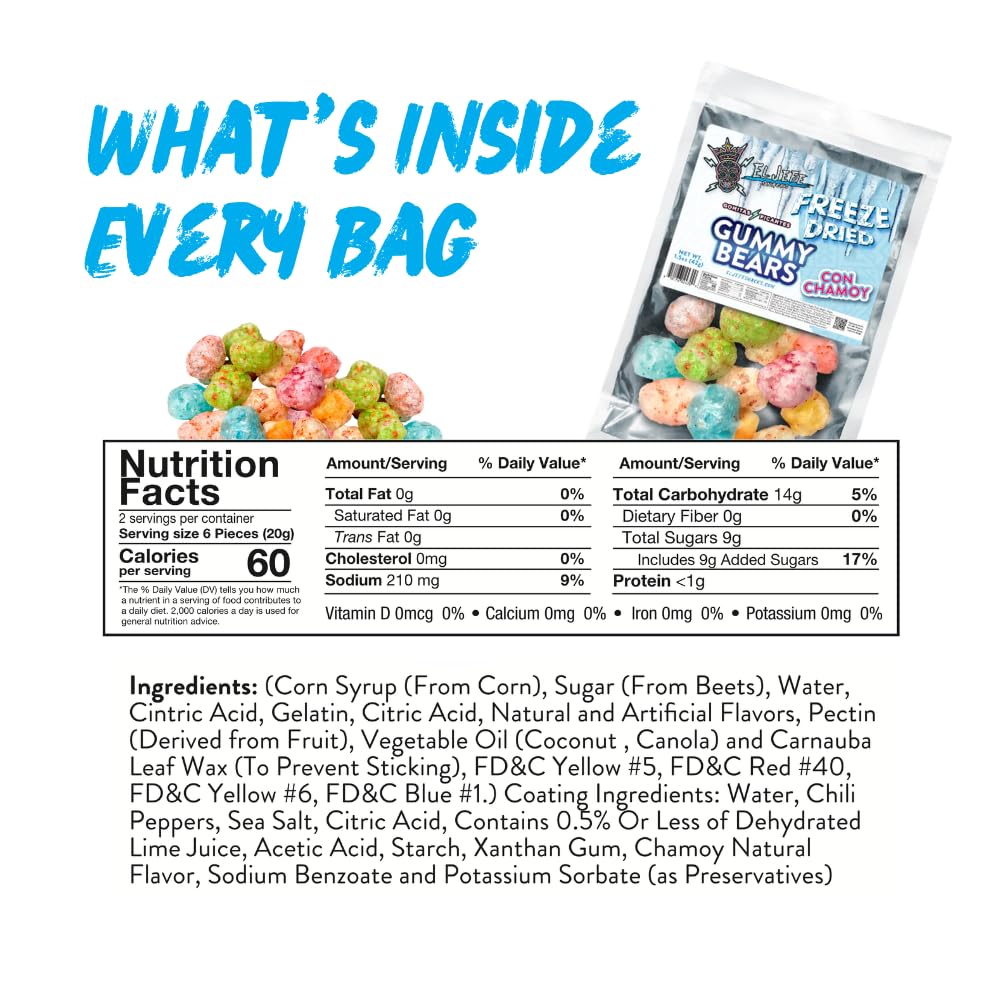 El Jefe Snacks Freeze-Dried Gummy Bears with Chamoy – Crunchy Freeze-Dried Candy with Sweet Fruit Flavor & Tangy Chamoy – Light, Airy Candy Snack, 1.5oz