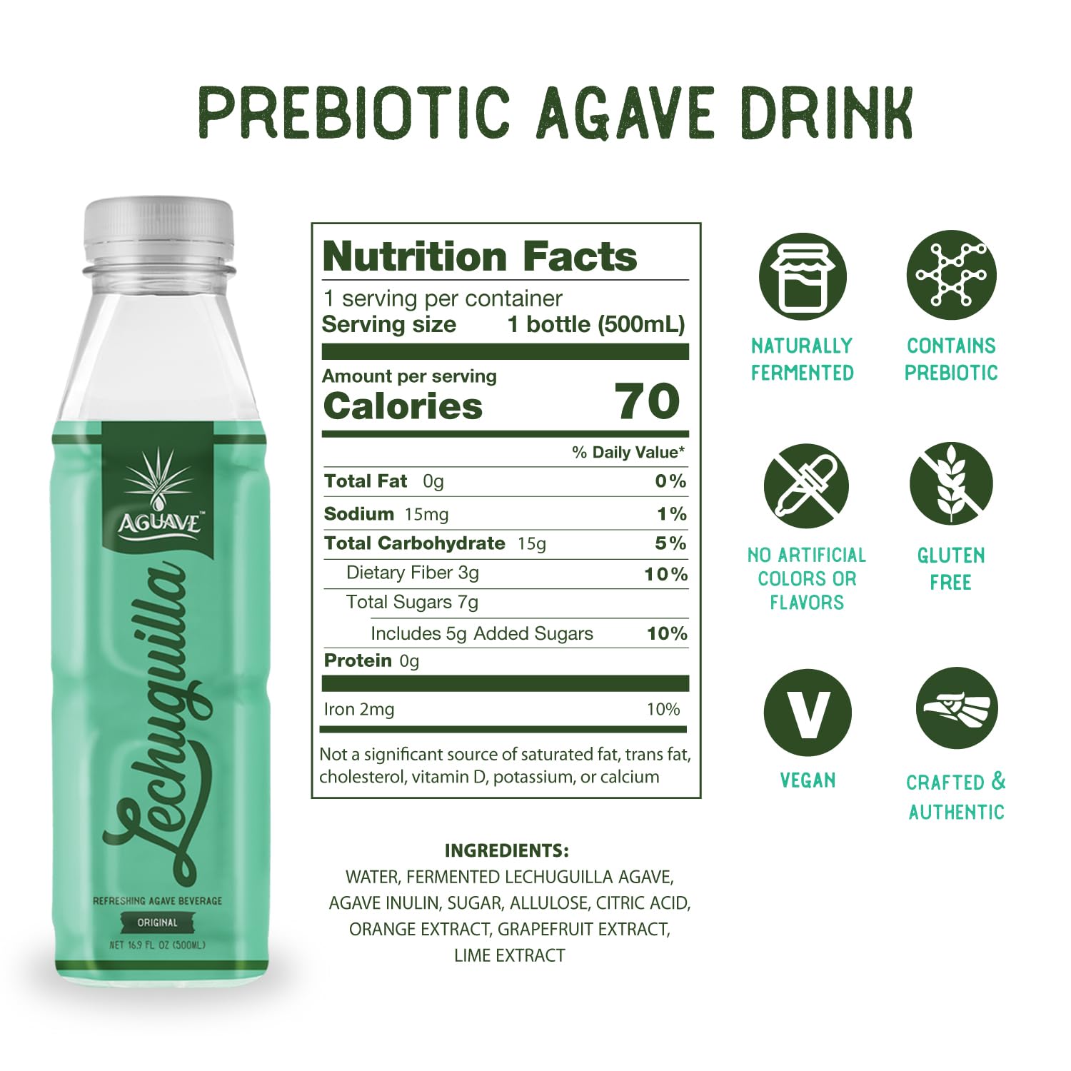 AGUAVE Lechuguilla | Mexico's Original Prebiotic Agave Drink | Naturally Fermented | Low Sugar | Gut Health | Non-Alcoholic | 16.9 Fl Oz, 12-Pack